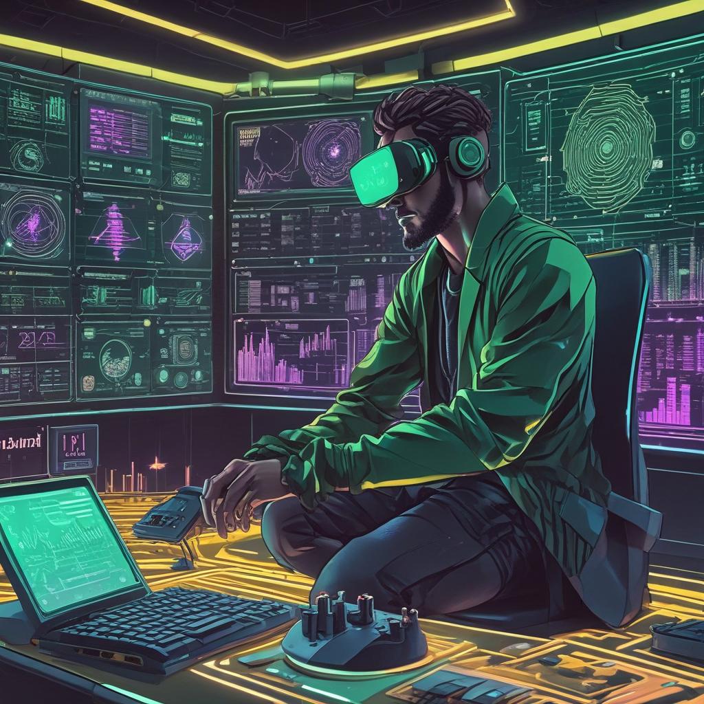 A crypto degen intensely trading in a futuristic, neon-lit environment with holographic charts and a subtle Binance logo, signifying future gains.