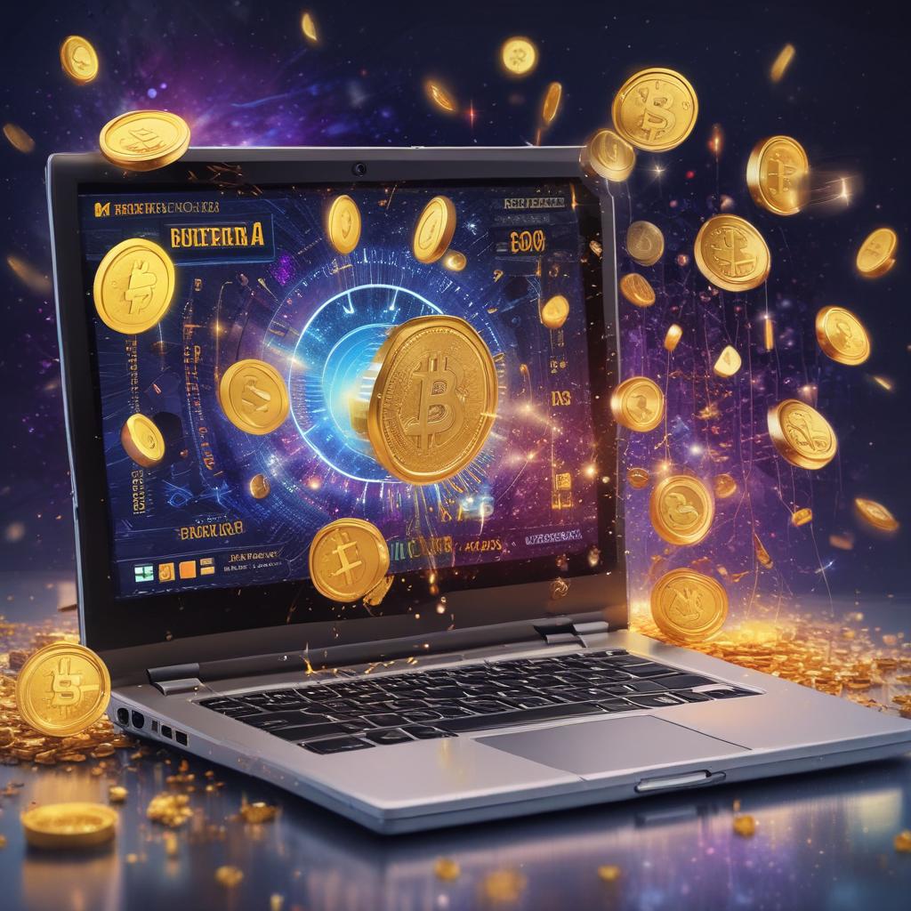 Digital crypto coins and dollar bills raining onto a laptop displaying an exchange, symbolizing rewards.