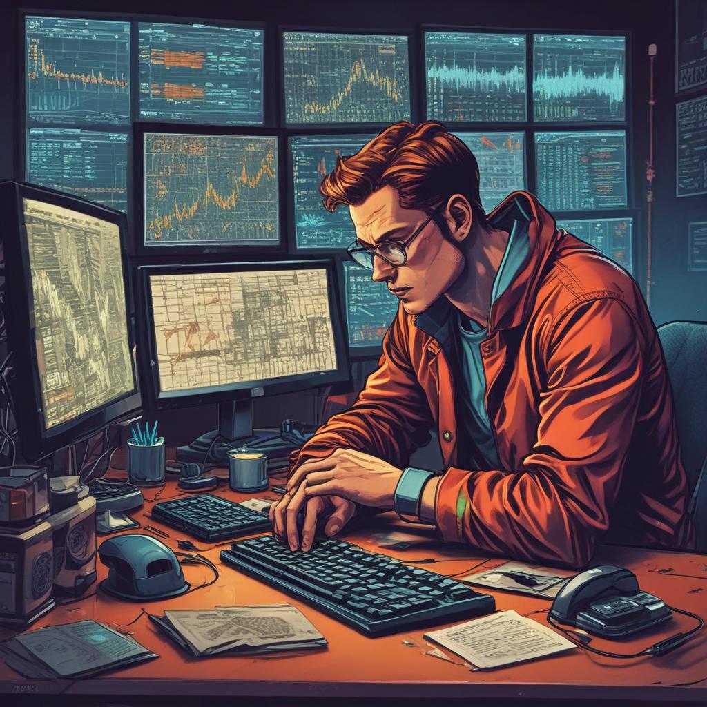 Intense crypto degen investor focused on multiple trading screens in a dimly lit room.