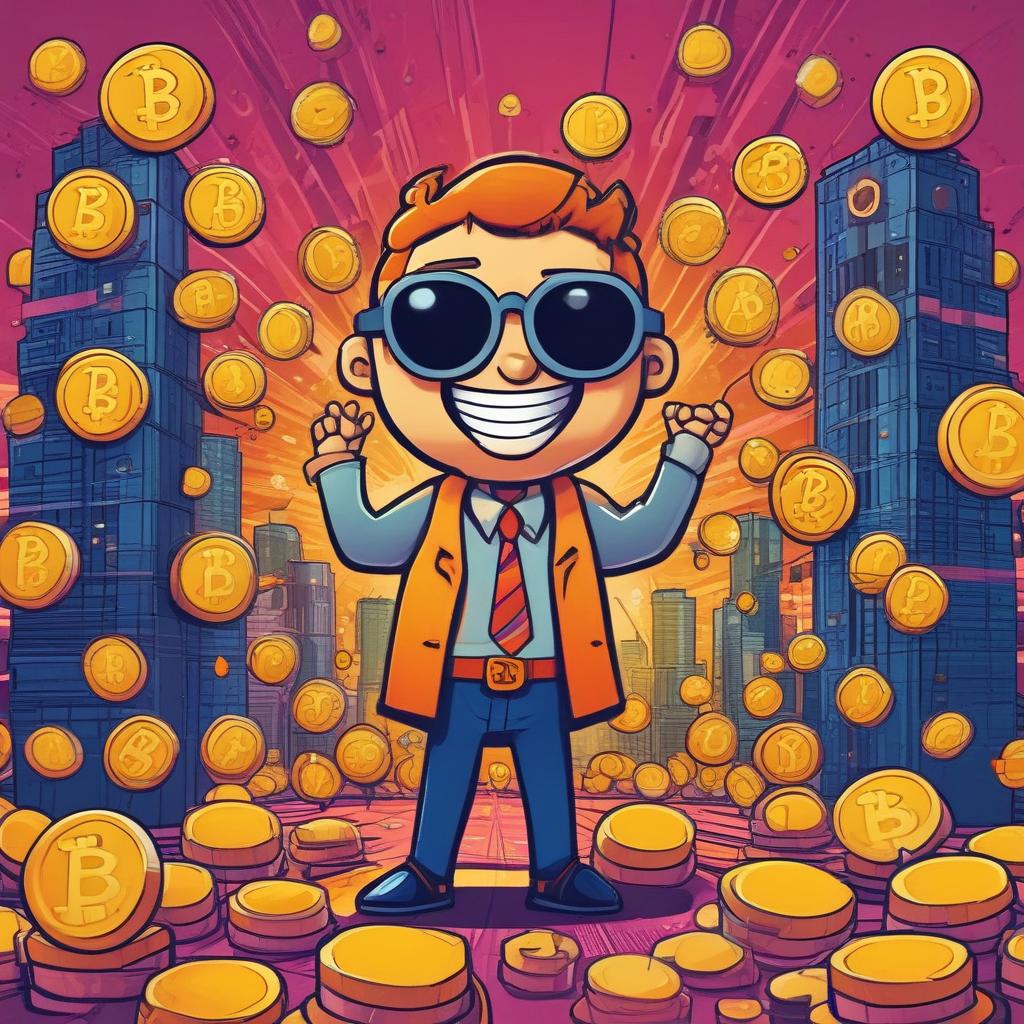 Crypto degen character surrounded by digital assets and a 'REWARDS' sign.