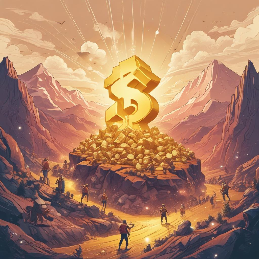 Digital gold rush with degens racing towards a mountain of crypto coins under a Binance beacon.