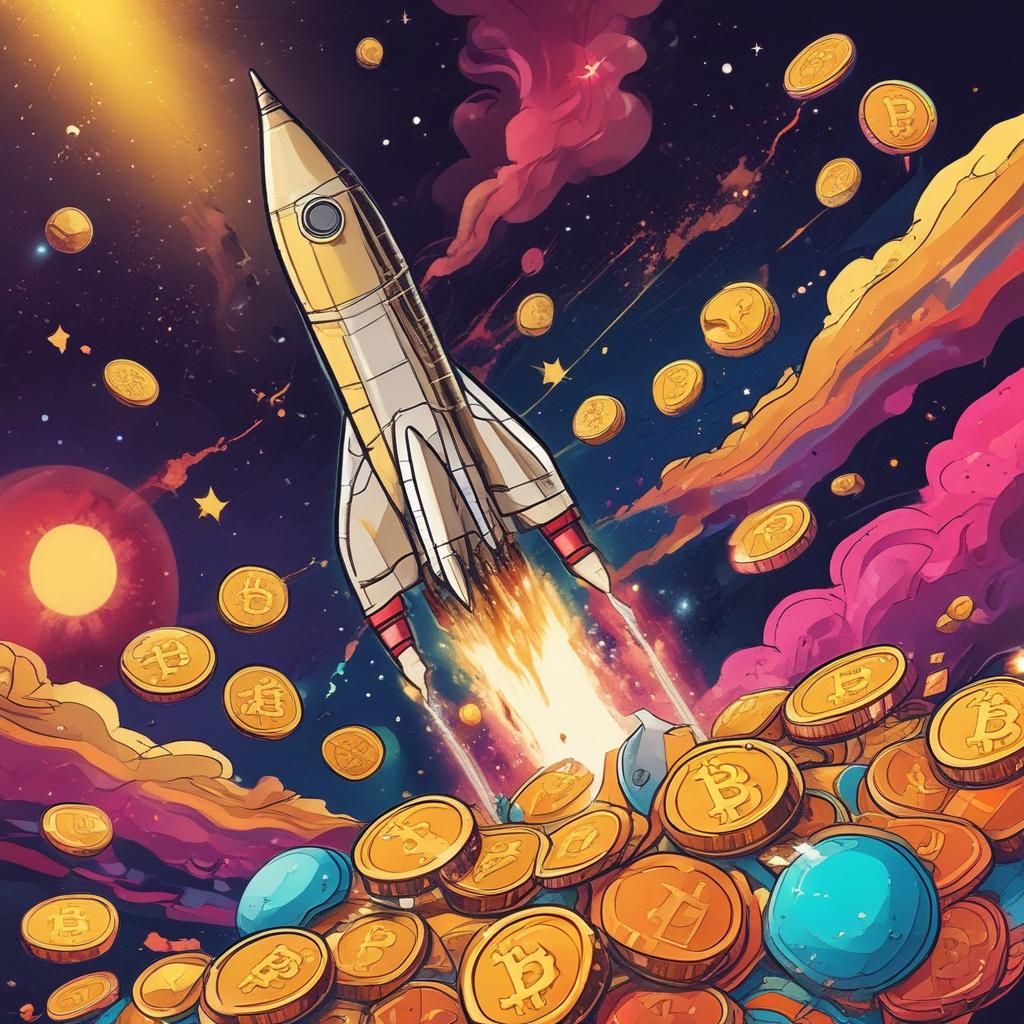 Bitcoin rocket launching into space, symbolizing price growth.