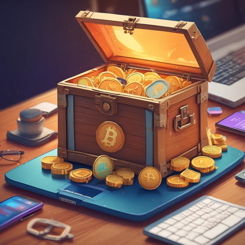 Treasure chest bursting with diverse cryptocurrencies next to a laptop showing exchange rewards, symbolizing crypto profits.