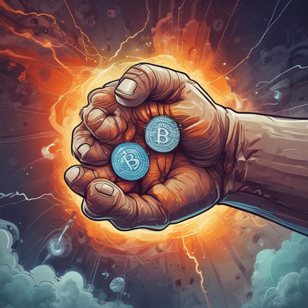 A hand with 'diamond hands' firmly holding a glowing Bitcoin symbol, symbolizing unwavering conviction and HODLing through market volatility and FUD.