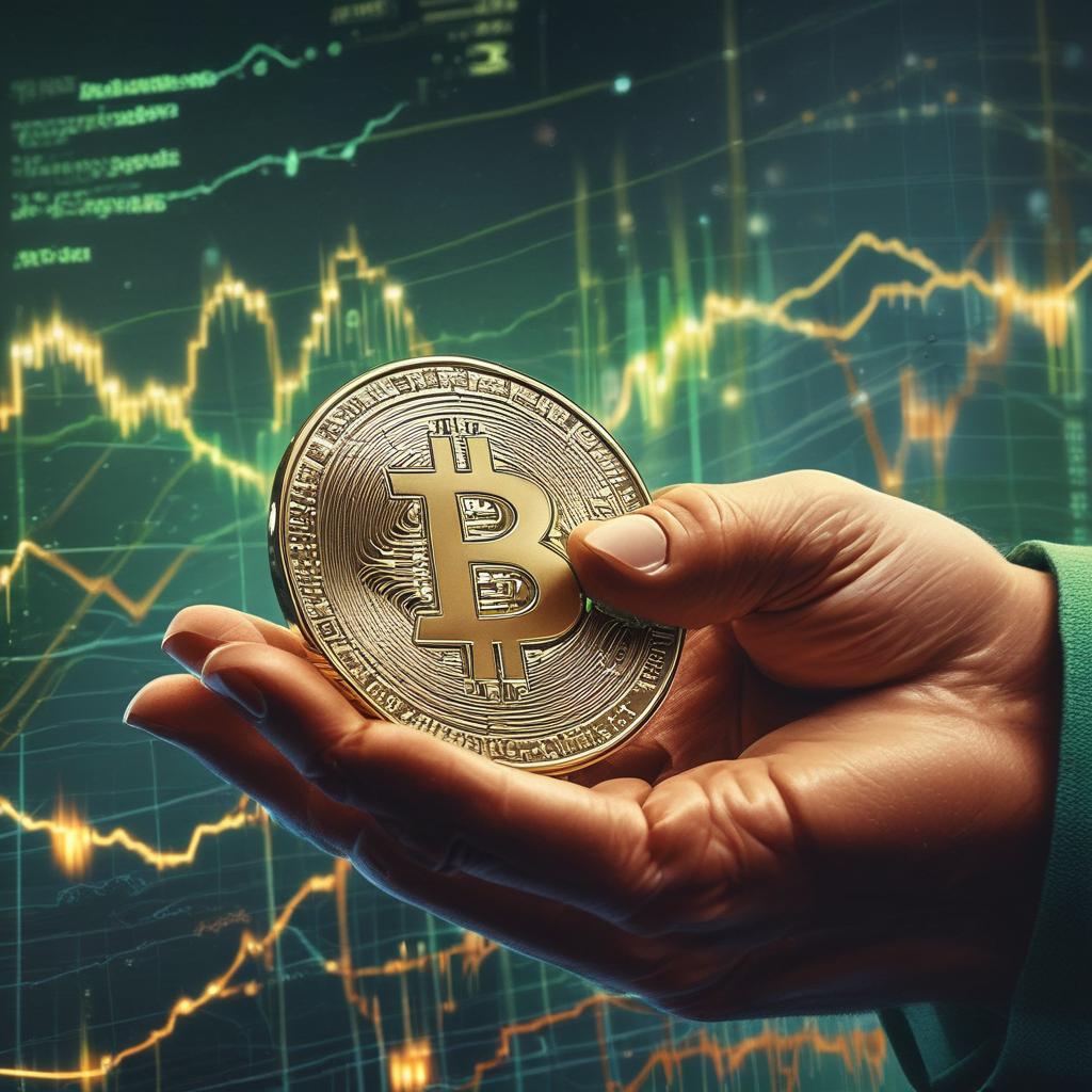 Diamond hand firmly holding a golden Bitcoin coin against a background of rising market charts.