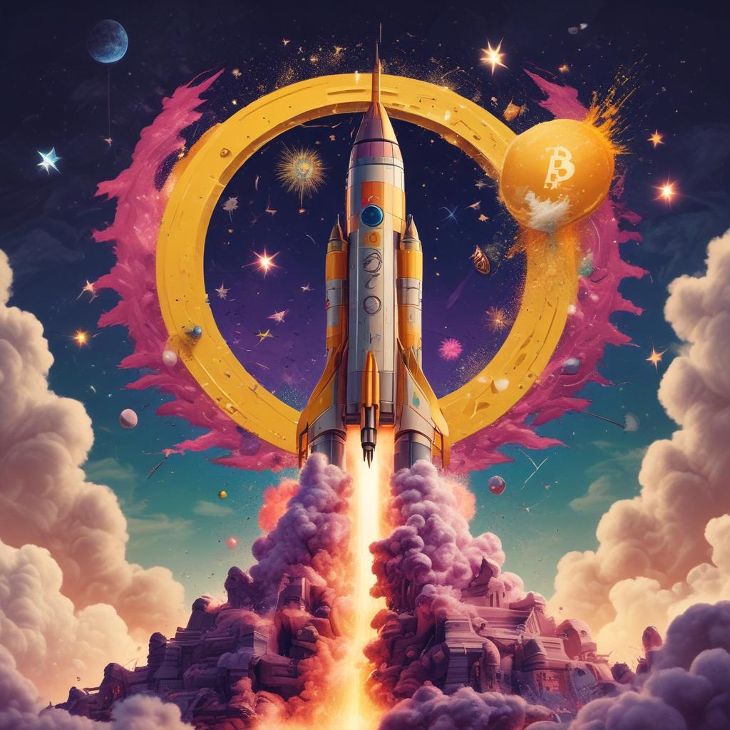 A crypto rocket launching towards a Binance logo moon with exploding wealth symbols, representing rapid financial growth and moonshot success.