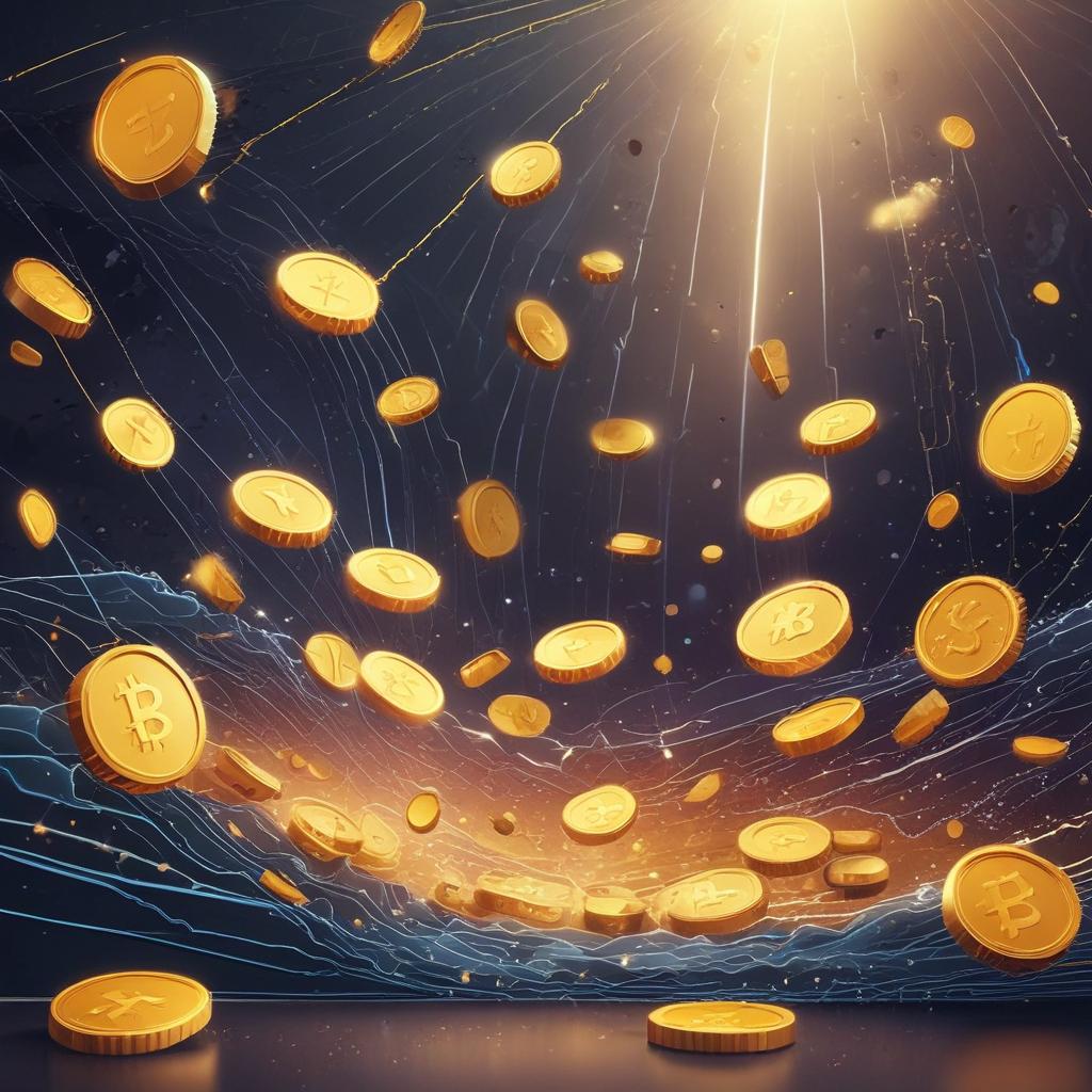 Abstract illustration of golden crypto coins and digital tokens raining into a digital wallet, symbolizing abundant exchange rewards.