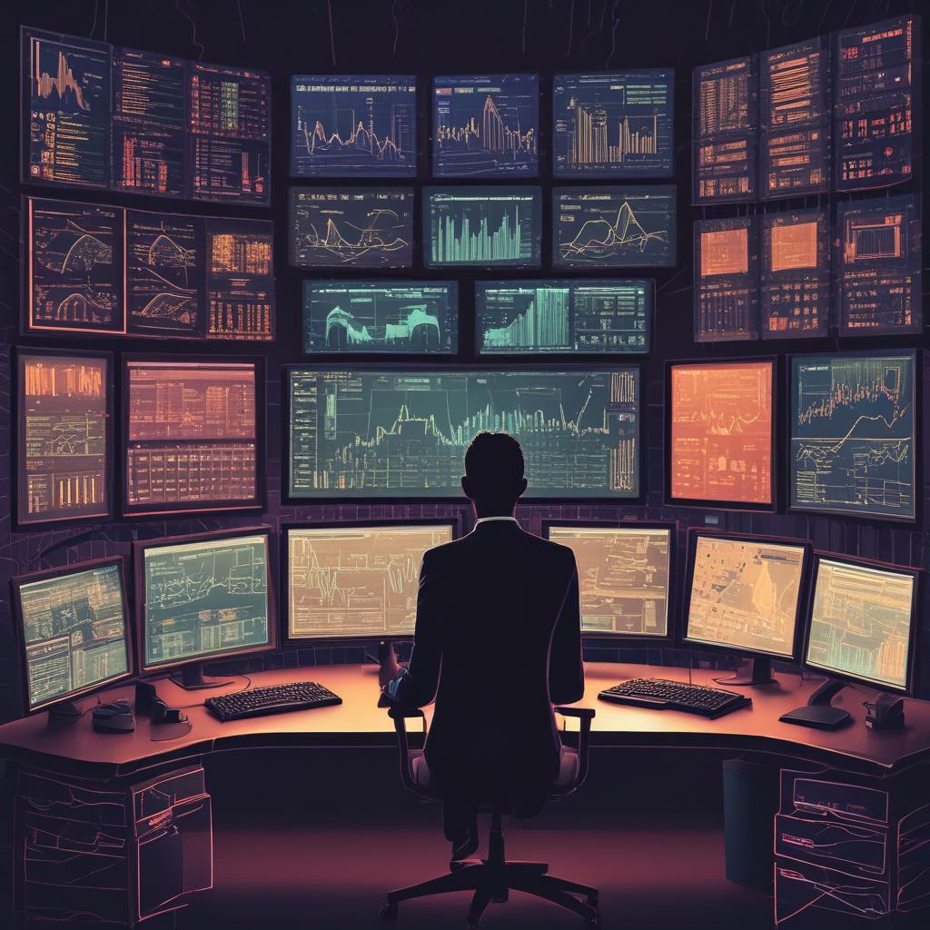 Futuristic crypto trading desk with multiple screens displaying charts and reward dashboards, representing strategic investment and profit.