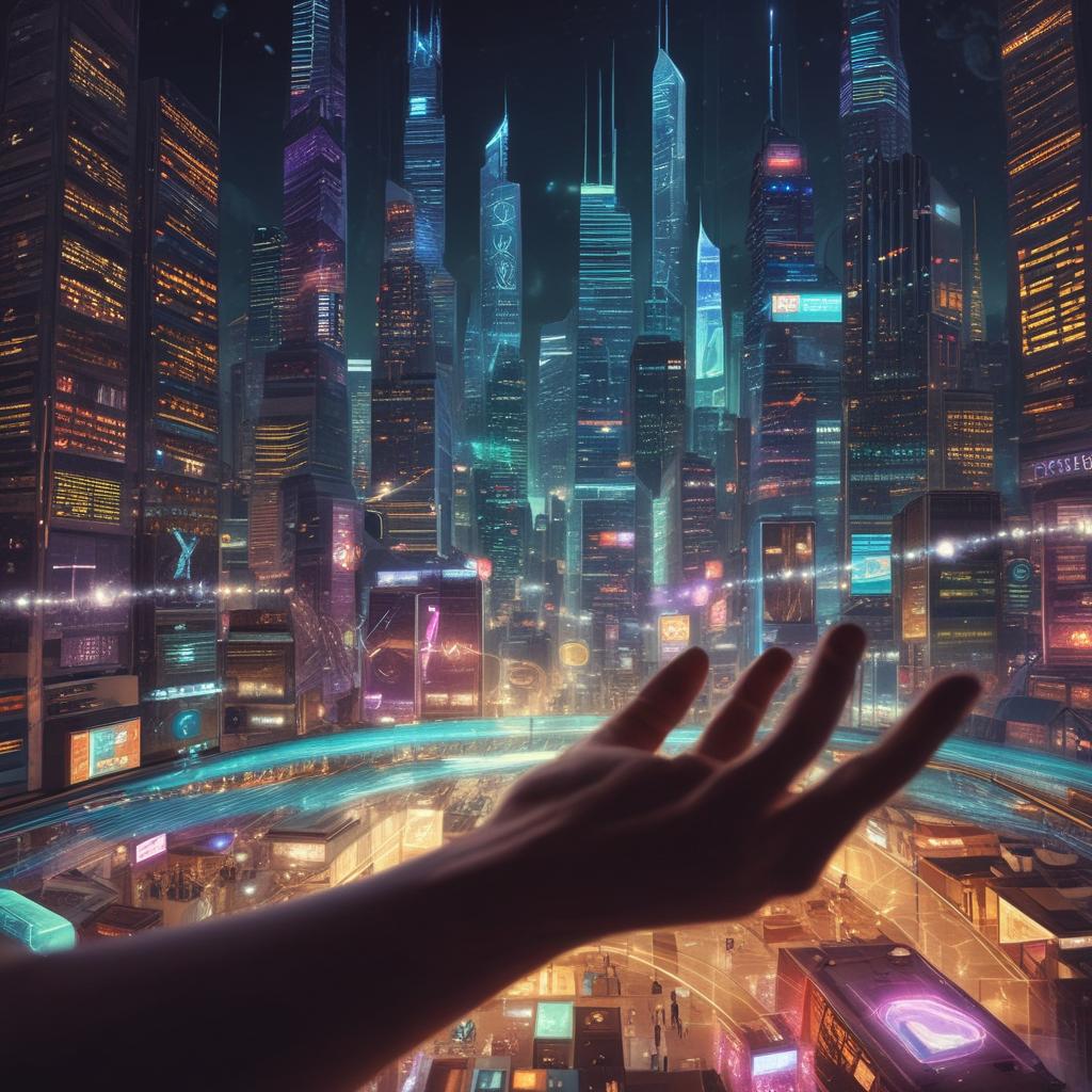 Futuristic digital city with holographic crypto exchange interfaces, showing hands reaching for raining virtual coins symbolizing rewards.