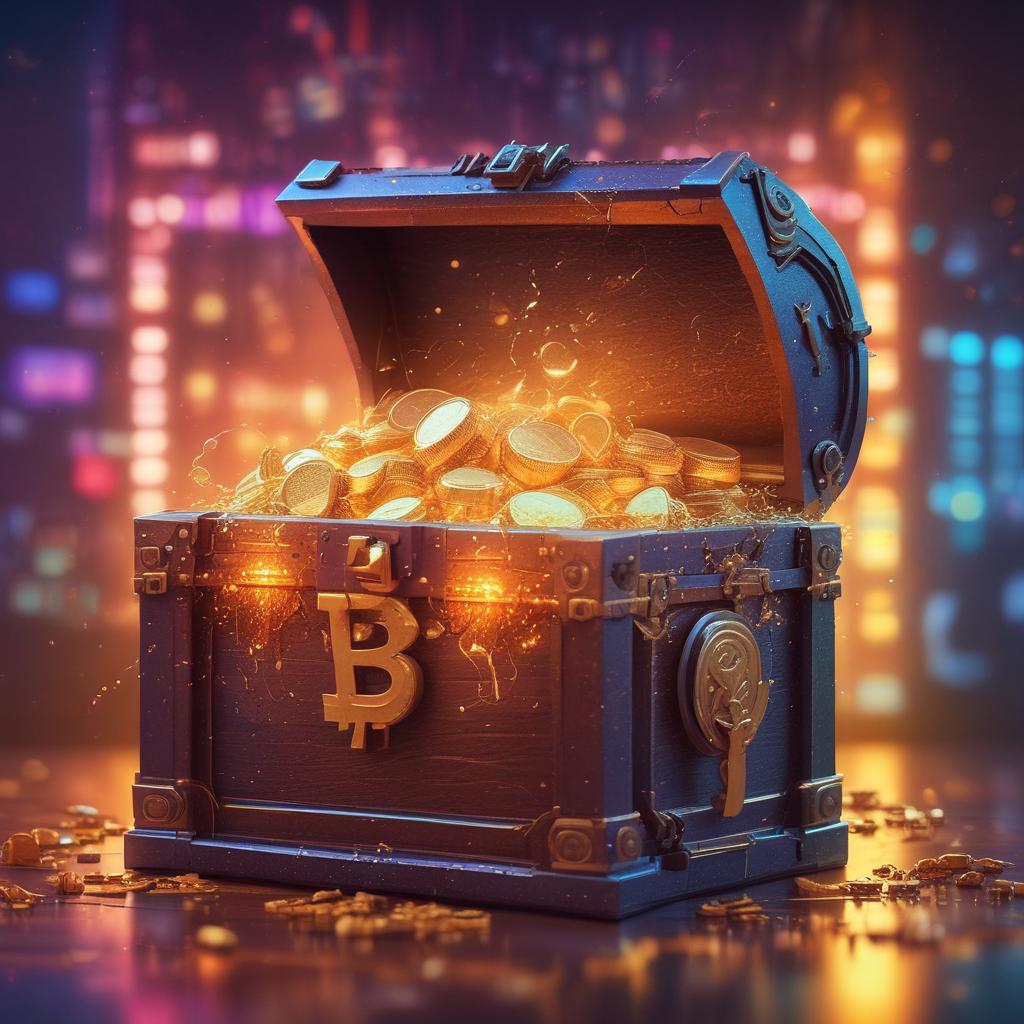 A treasure chest overflowing with gold coins and glowing crypto tokens on a blockchain pedestal, symbolizing immense wealth and rewards.