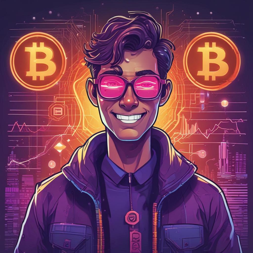 Crypto degen investor character with digital assets and an upward trend, symbolizing future profits and strategic gains.
