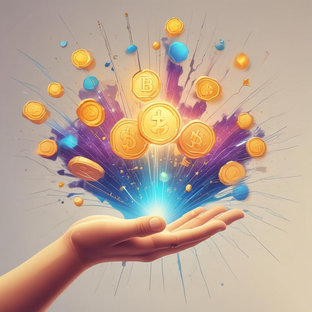 Abstract art of digital coins and crypto bonuses raining into an open hand, symbolizing exchange rewards and profit.