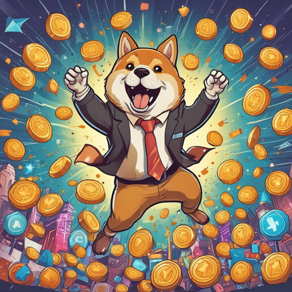 Cartoon rocket character celebrating a massive haul of crypto tokens and exchange rewards.