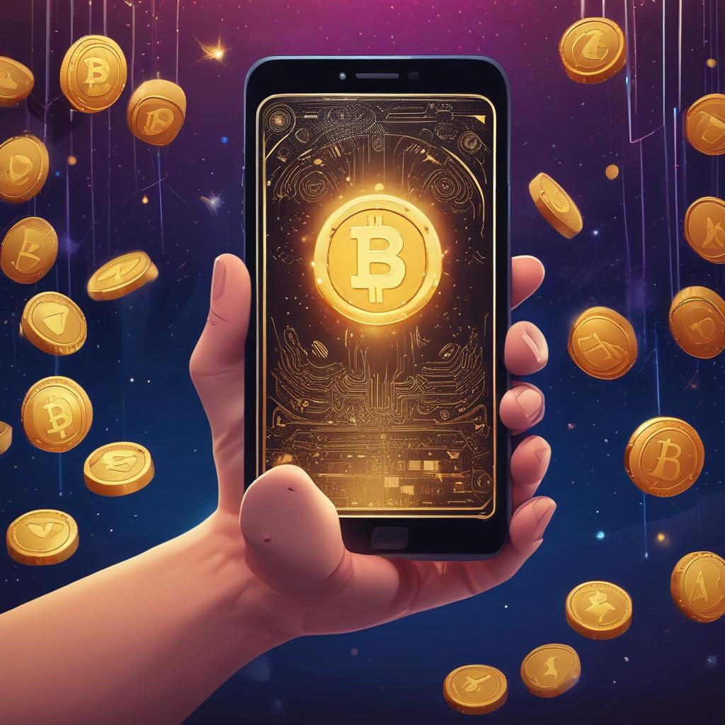 Claiming crypto rewards on a futuristic smartphone app amidst digital gold.