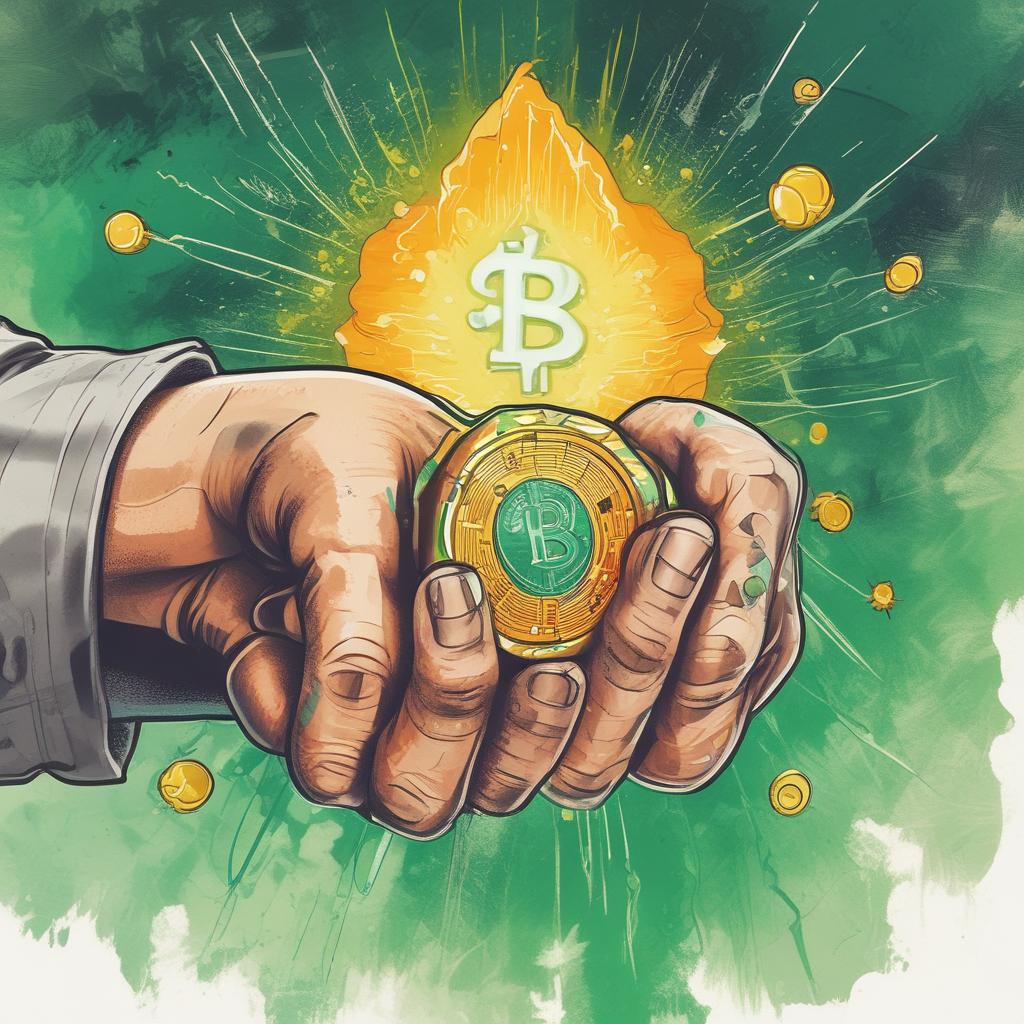 A hand with 'Diamond Hands' holding a golden Bitcoin, representing unwavering belief and massive gains.