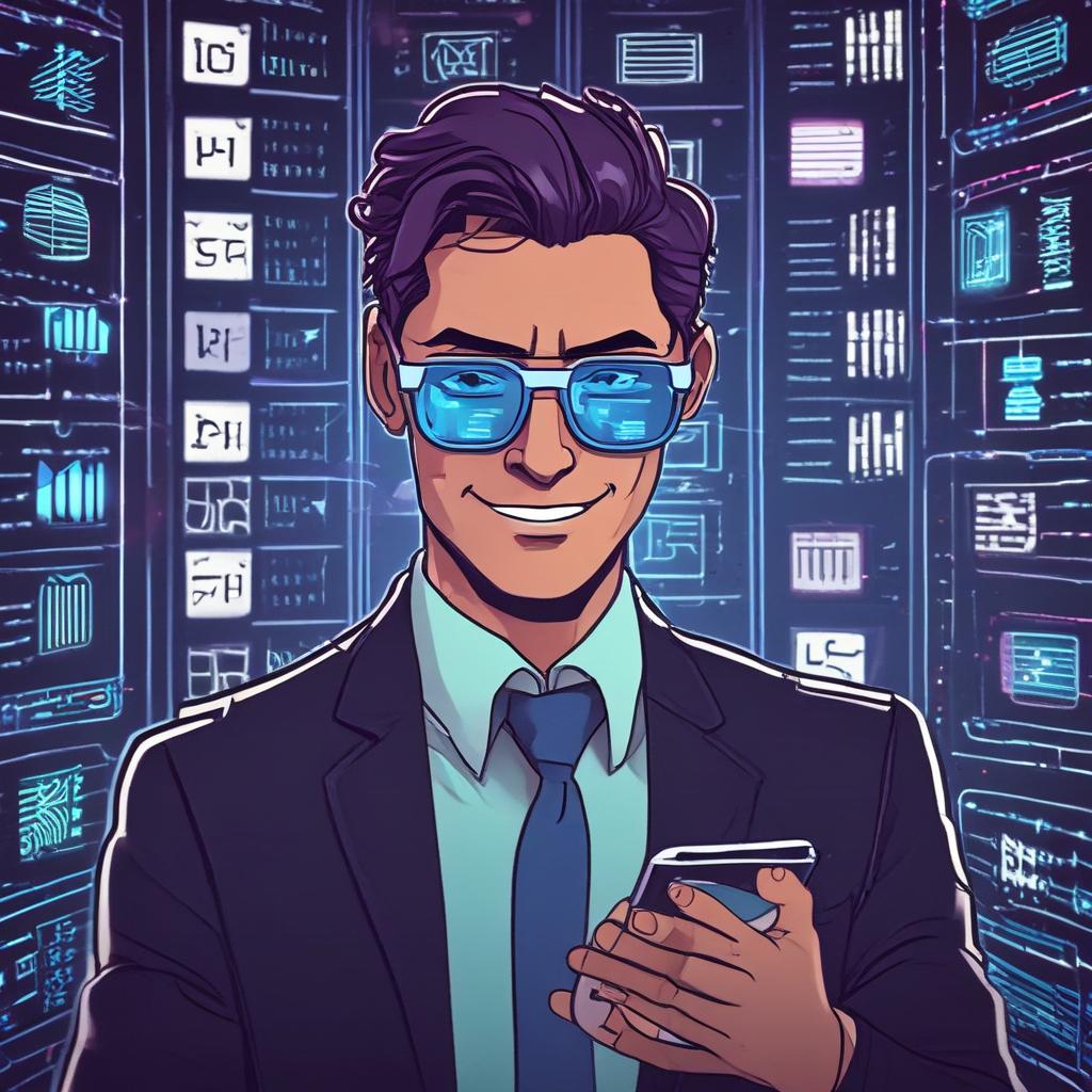 Crypto degen character in futuristic glasses, smiling amidst holographic screens displaying charts and USDC, symbolizing successful investment.