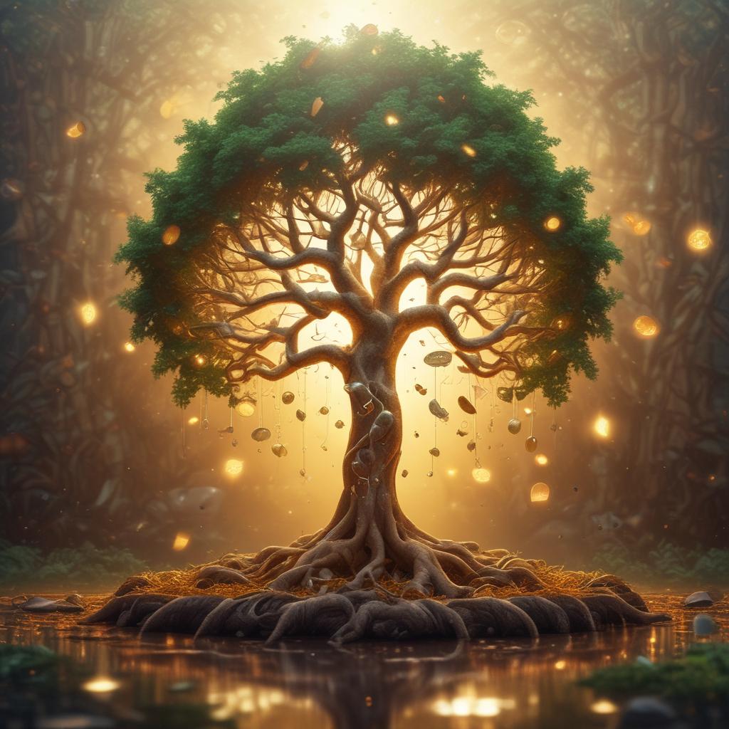 A digital money tree growing rapidly with Binance coins and other crypto symbols as leaves, representing compounded investment gains and exponential growth.