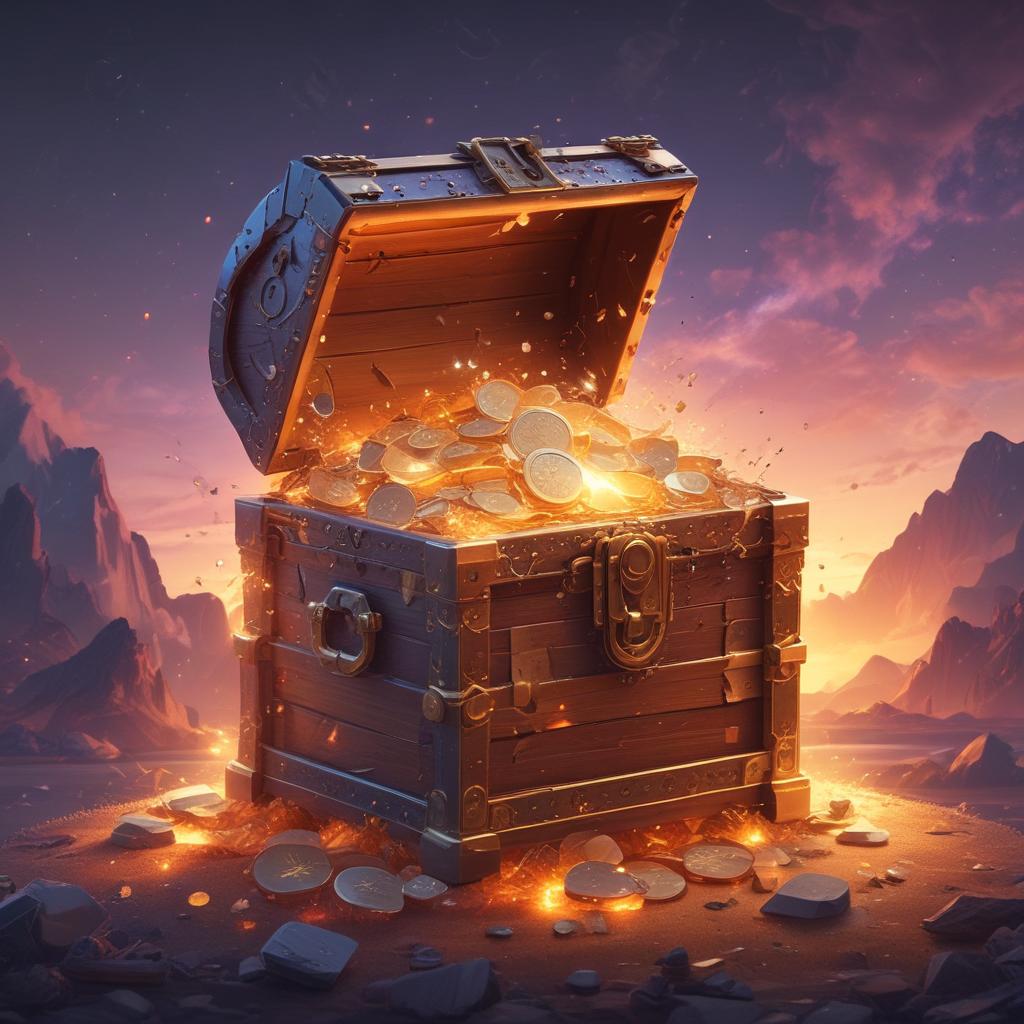 Treasure chest overflowing with glowing cryptocurrency coins (Bitcoin, Ethereum, USDC) on a digital blockchain landscape, representing lucrative exchange rewards.
