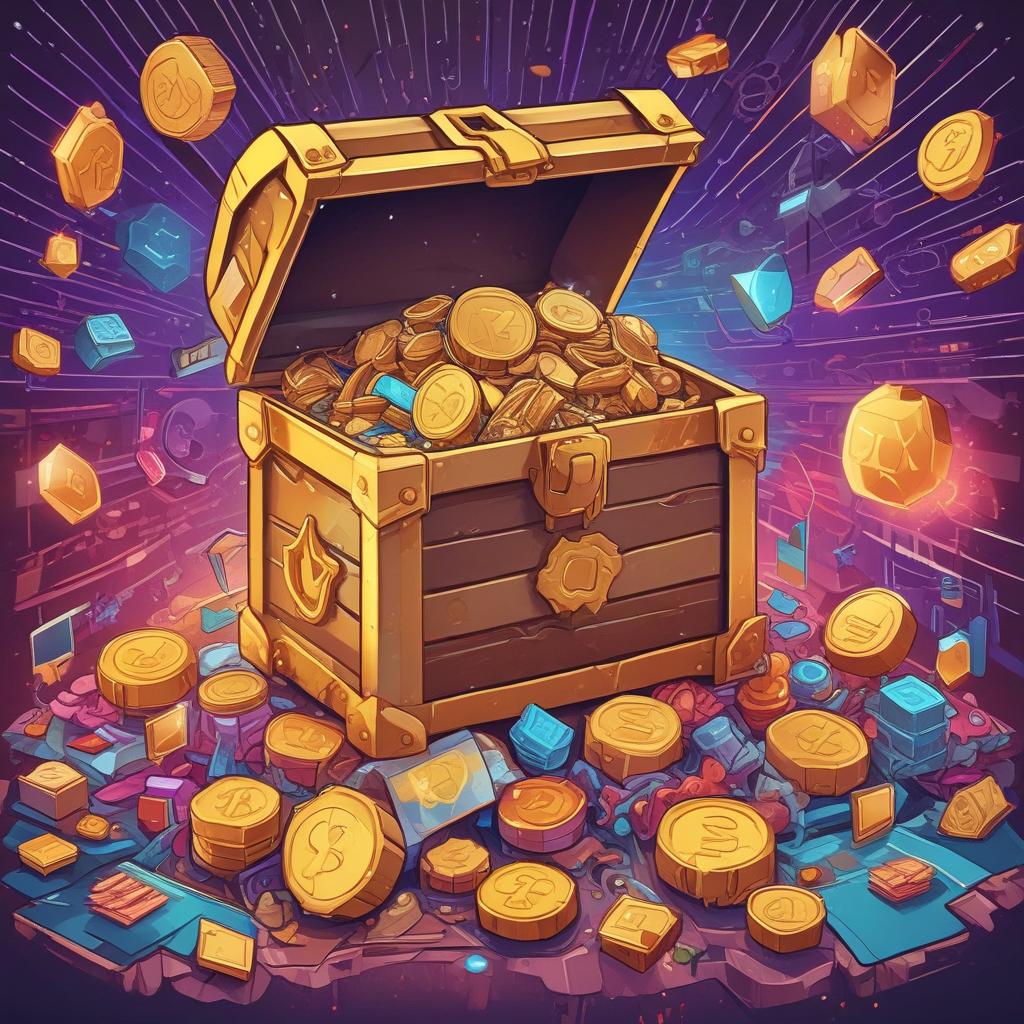 Treasure chest overflowing with USDC and other crypto rewards on a blockchain background