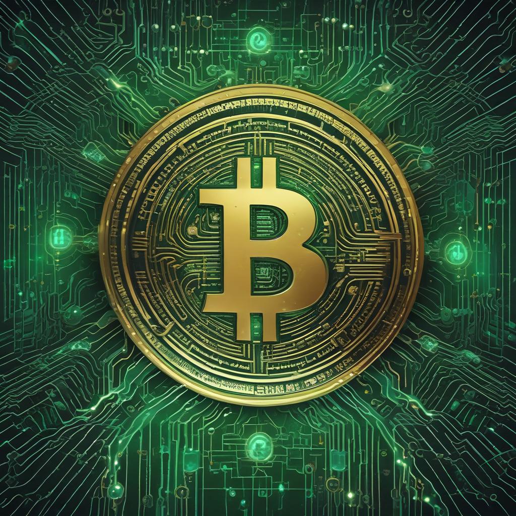 Abstract digital art of a glowing Bitcoin logo amidst a network of green data lines, signifying wealth creation and future finance.