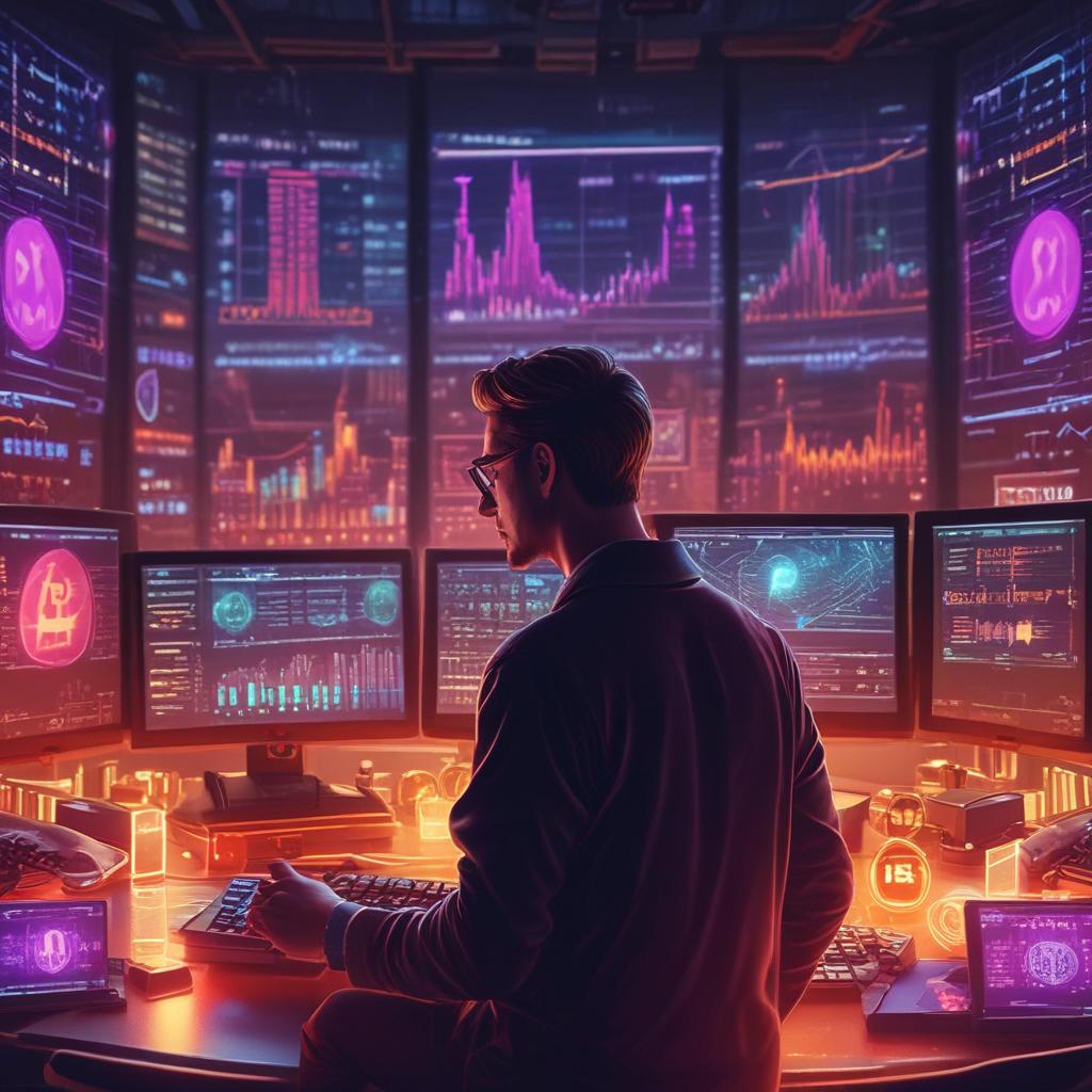 Crypto degen investor intensely trading on multiple screens in a dark, cyberpunk room