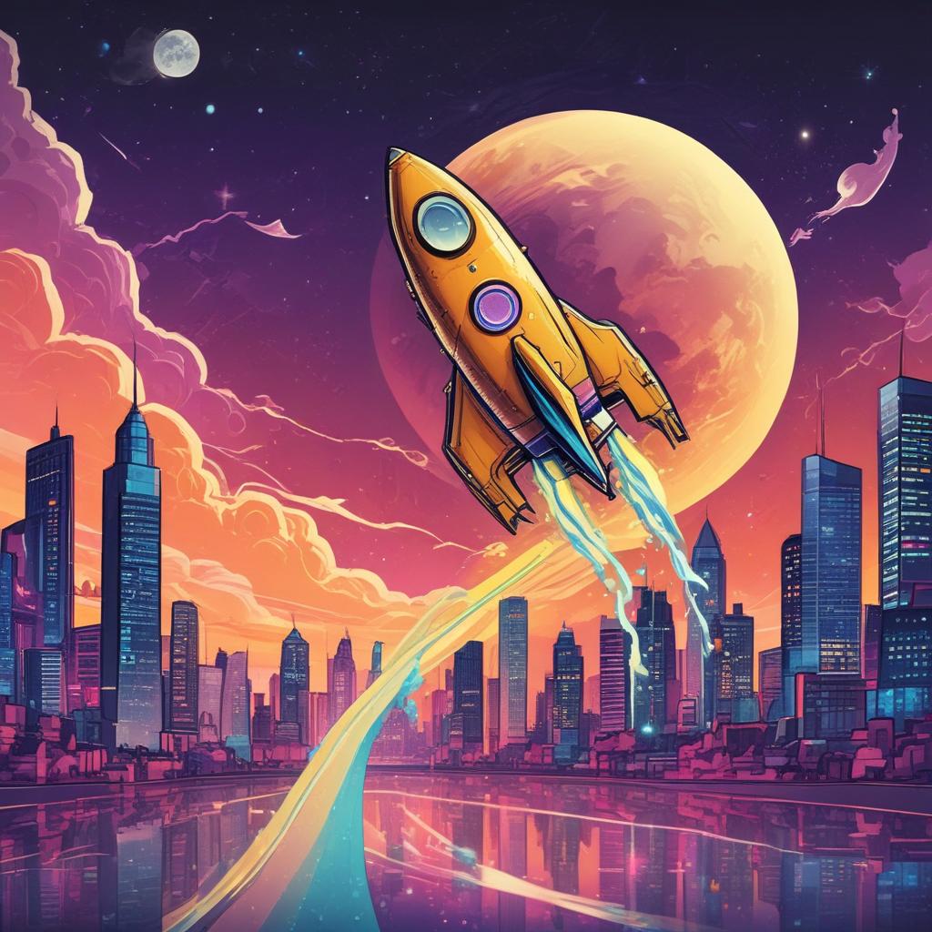 A rocket launching from the Binance logo towards a dollar-sign moon, symbolizing future crypto profits.