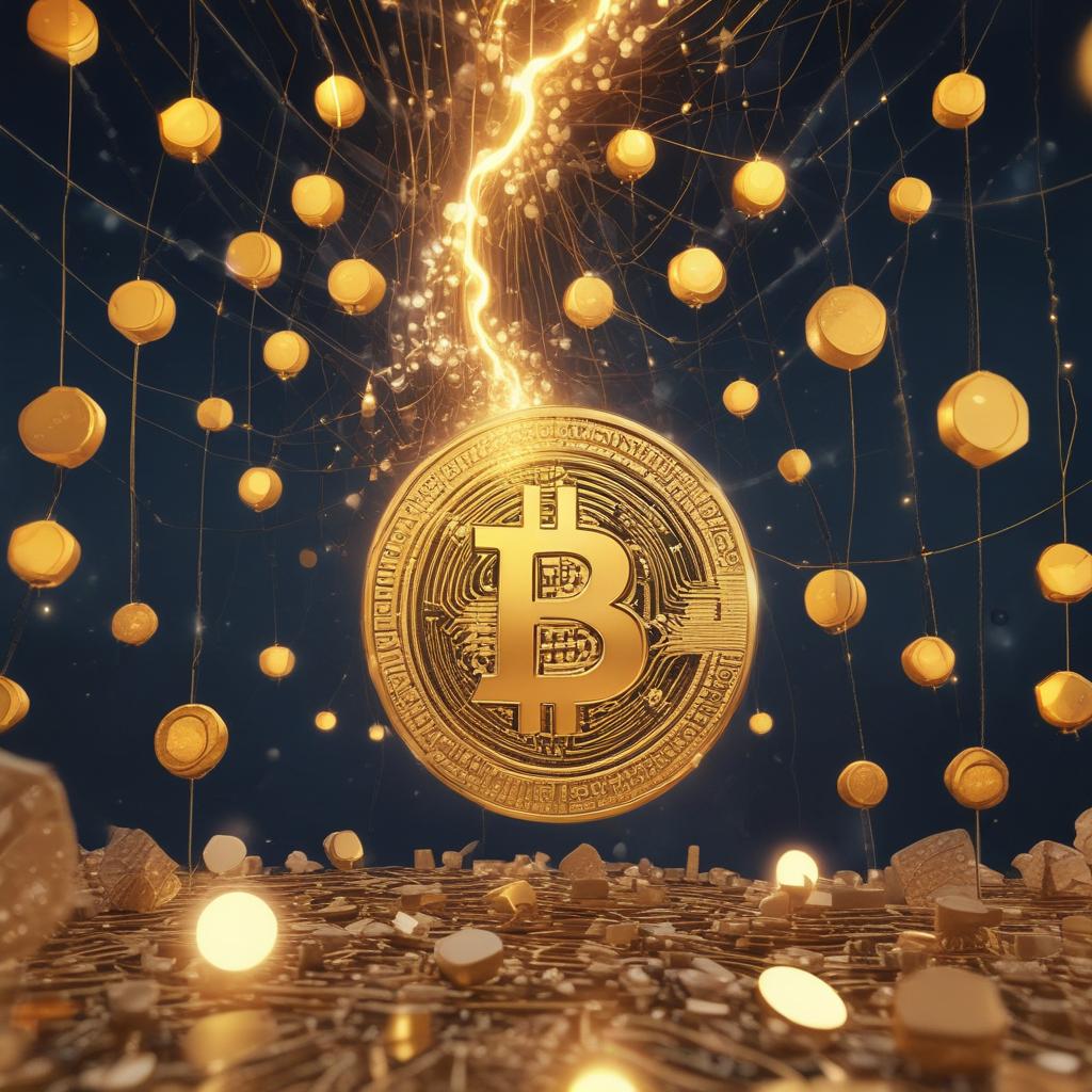 Abstract image of golden crypto coins and tokens spiraling upwards, representing exponential financial growth.