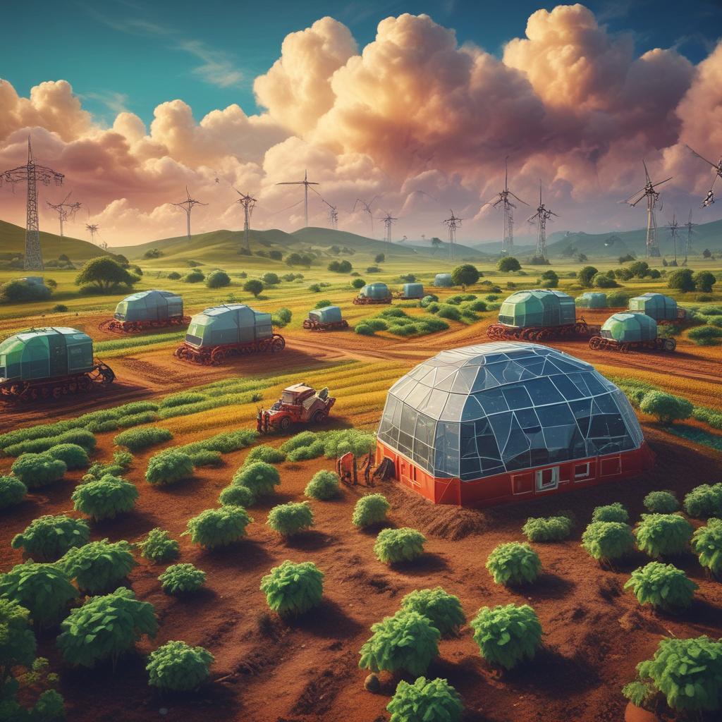 A vibrant digital farm where robotic arms harvest USDC-shaped crops, illustrating yield generation in the crypto space.