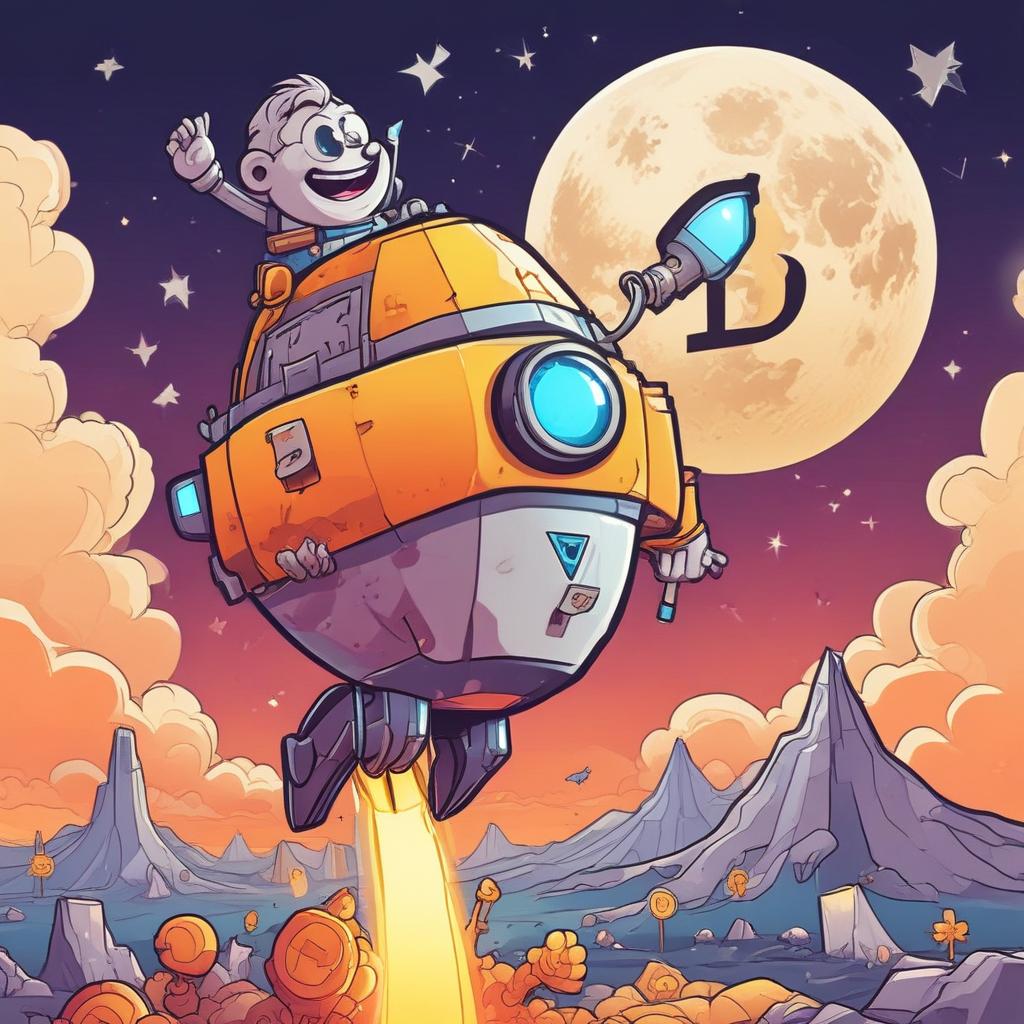 Cartoon degen investor riding a Bitcoin rocket to the moon, symbolizing crypto success and 'diamond hands' mentality.