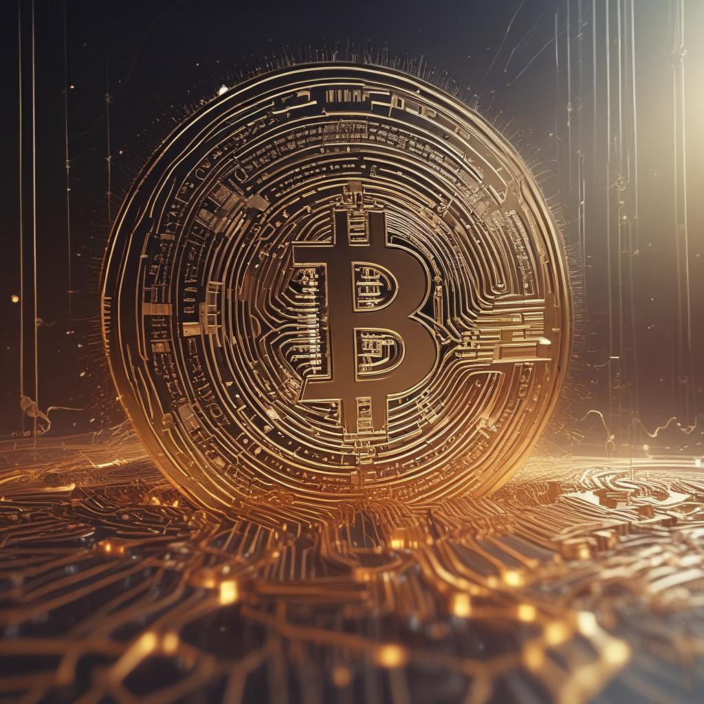 Futuristic visualization of Bitcoin's blockchain and golden coins, representing secure digital wealth and a decentralized network.