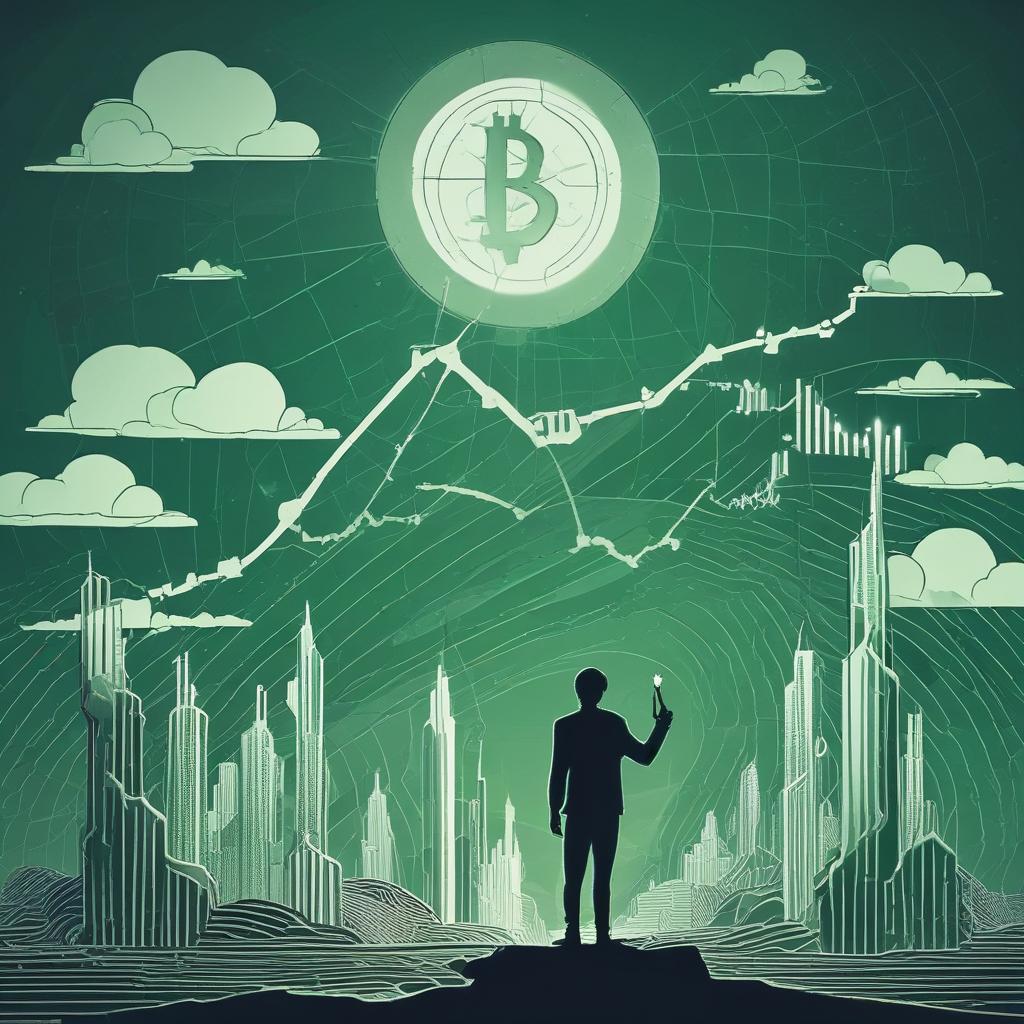 Dynamic Bitcoin price chart with green candlesticks, depicting an upward trajectory with a 'to the moon' arrow and a silhouette of a person with 'diamond hands'.