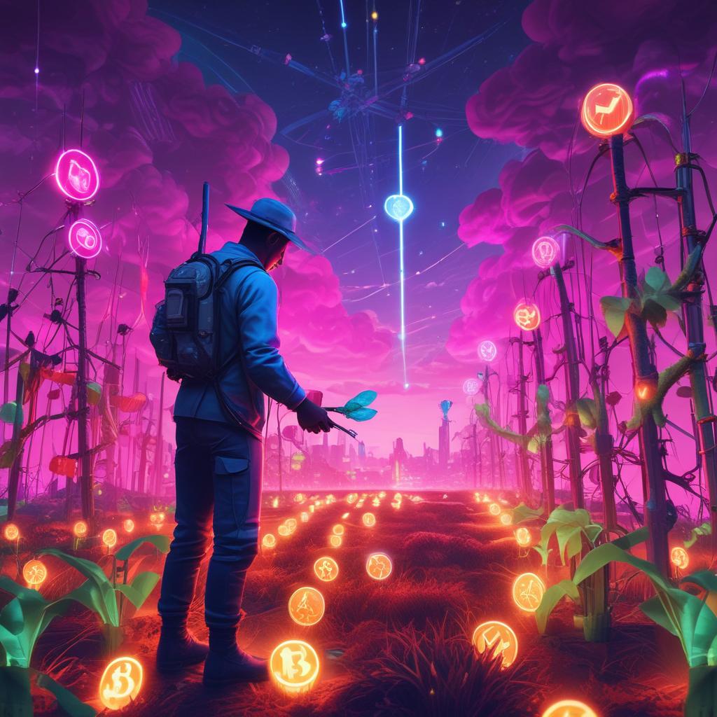 Digital farmer tending to glowing crypto crops in a futuristic yield farming landscape with robotic assistance.