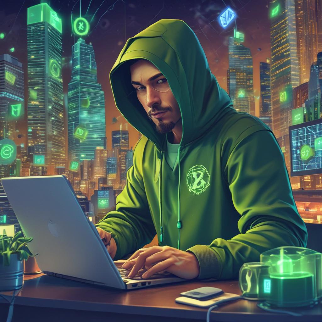 Confident crypto investor (degen) celebrating massive gains from USDC yield strategies, surrounded by digital wealth symbols.