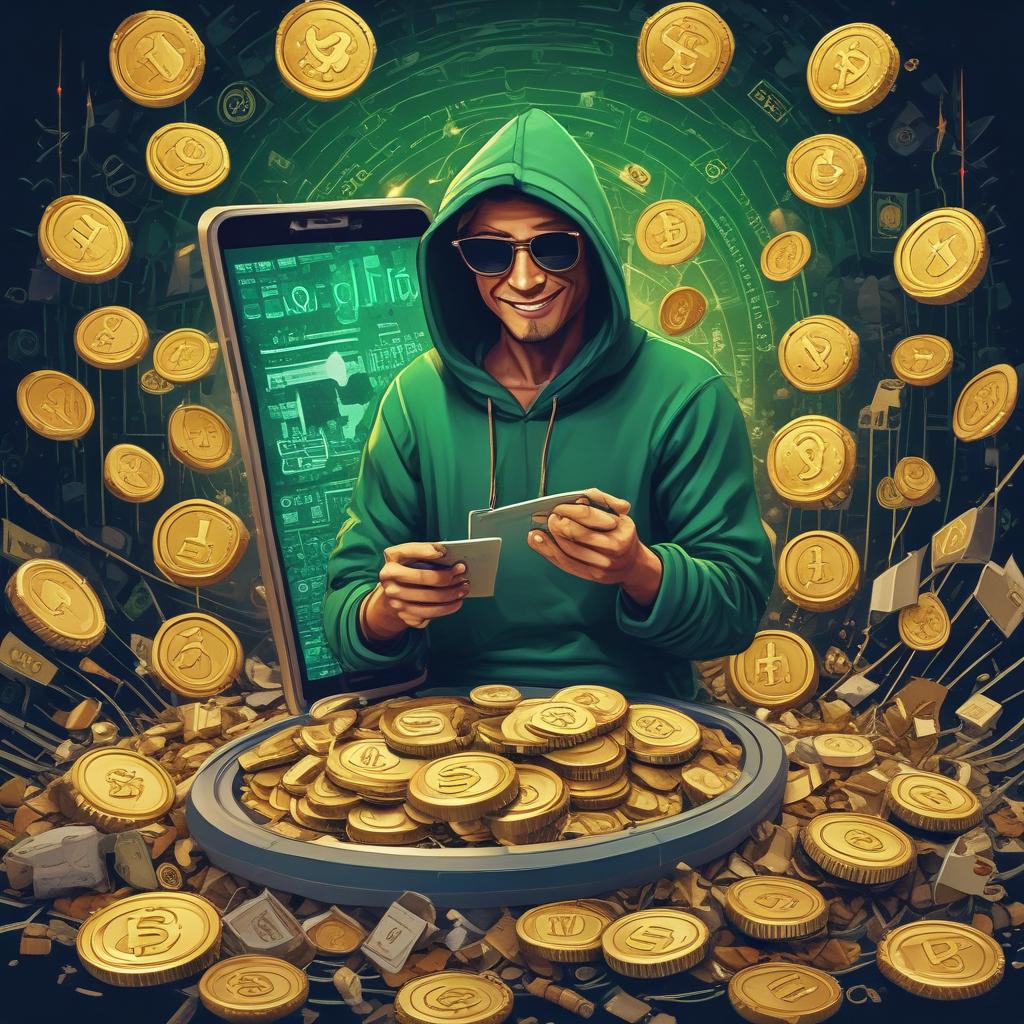 Digital wallet overflowing with coins and cash, a triumphant degen with a 100x gain on a phone, symbolizing massive crypto gains.
