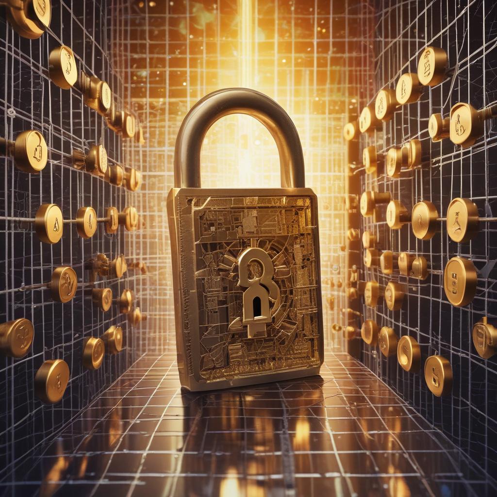 Golden key unlocking a digital vault of crypto coins, representing secure investment access.