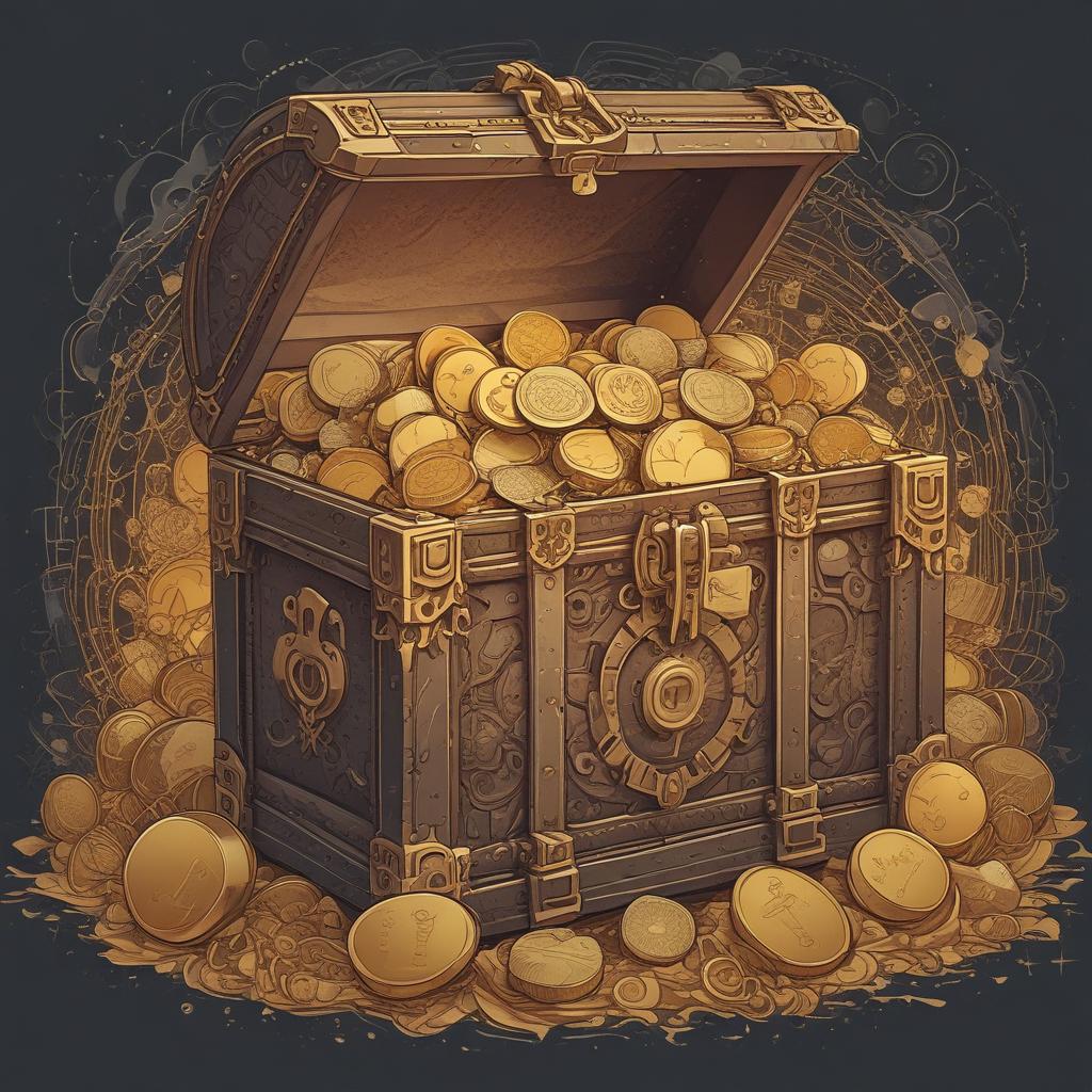 A digital treasure chest brimming with crypto coins and tokens, symbolizing abundant exchange rewards.