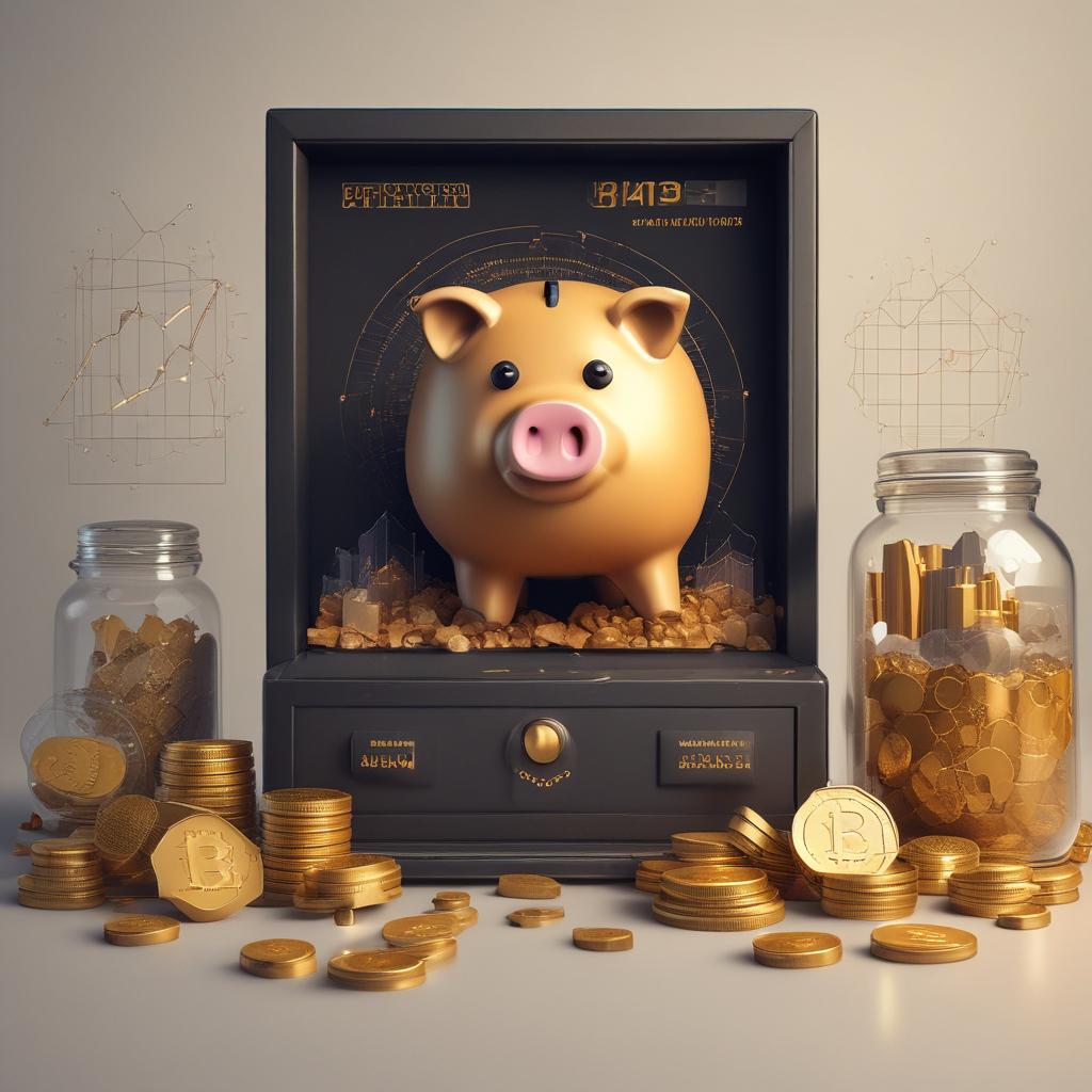 Digital dashboard with Bitcoin price charts, upward trends, and symbols of financial growth and wealth accumulation.