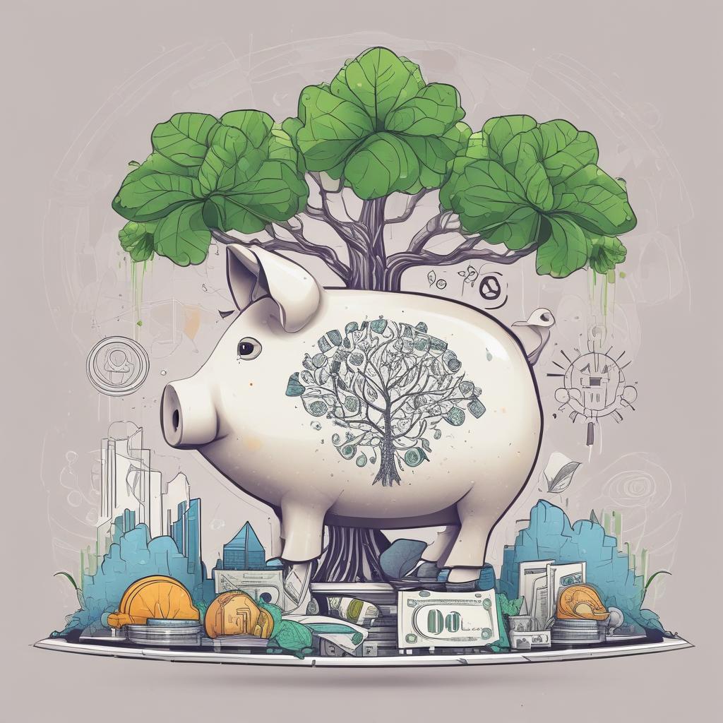 Abstract digital art showing a money tree and piggy bank with crypto symbols, illustrating passive income growth from USDC.