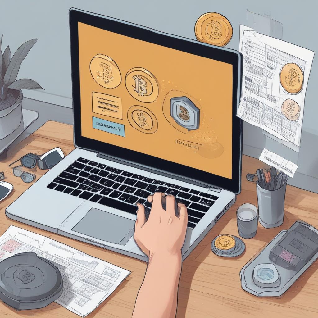Laptop displaying crypto exchange rewards, with a hand claiming a bonus, illustrating ease of earning.
