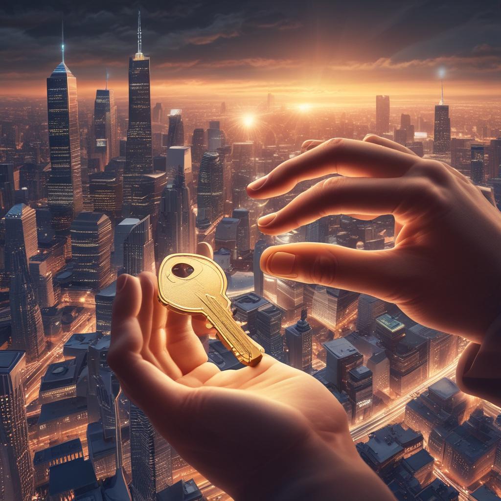 Hand reaching for a golden key unlocking a vault of digital assets and USDC coins, representing access to enhanced crypto rewards.