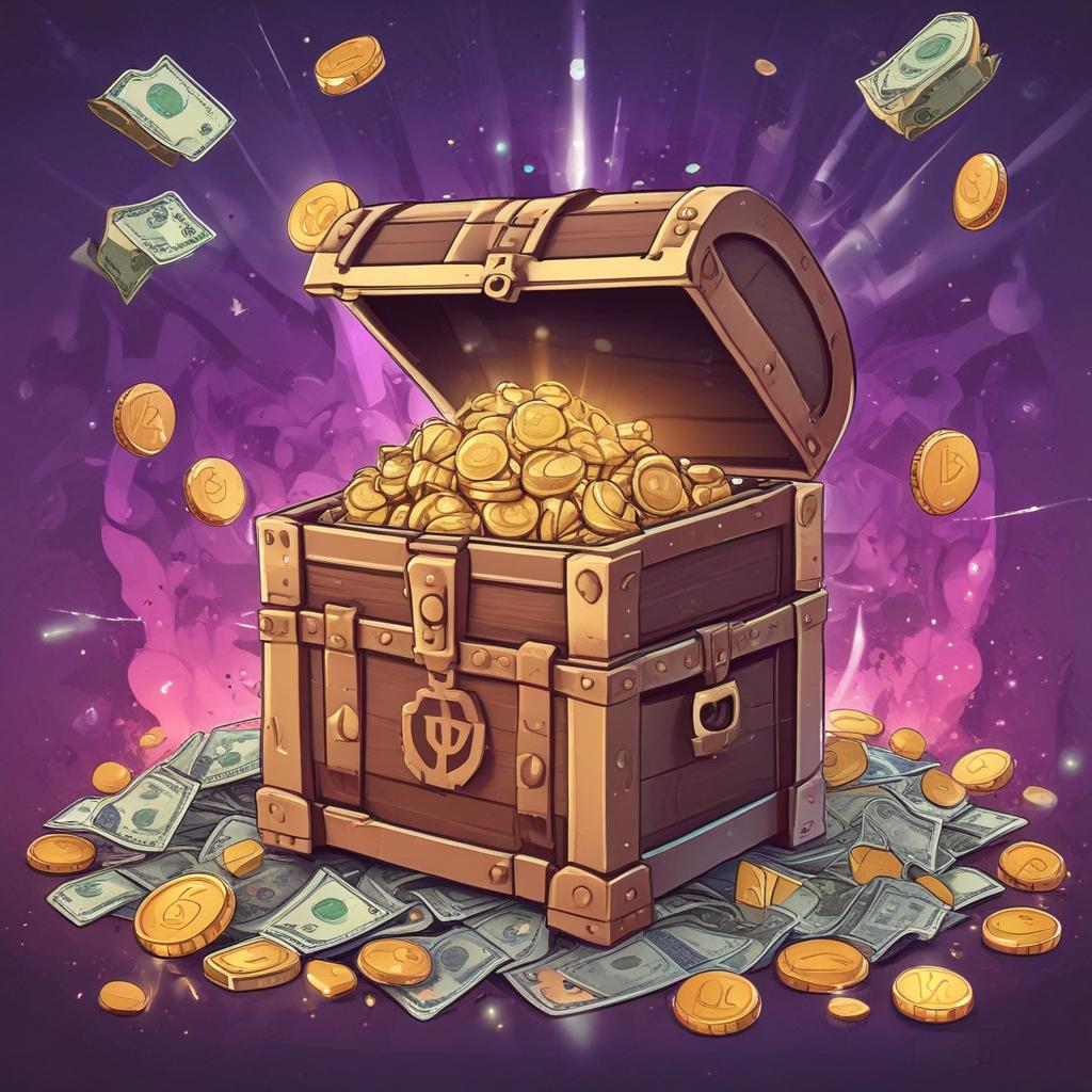 Treasure chest overflowing with crypto coins and cash, with a 'Bonus Unlocked' sign, against a modern crypto trading platform backdrop.