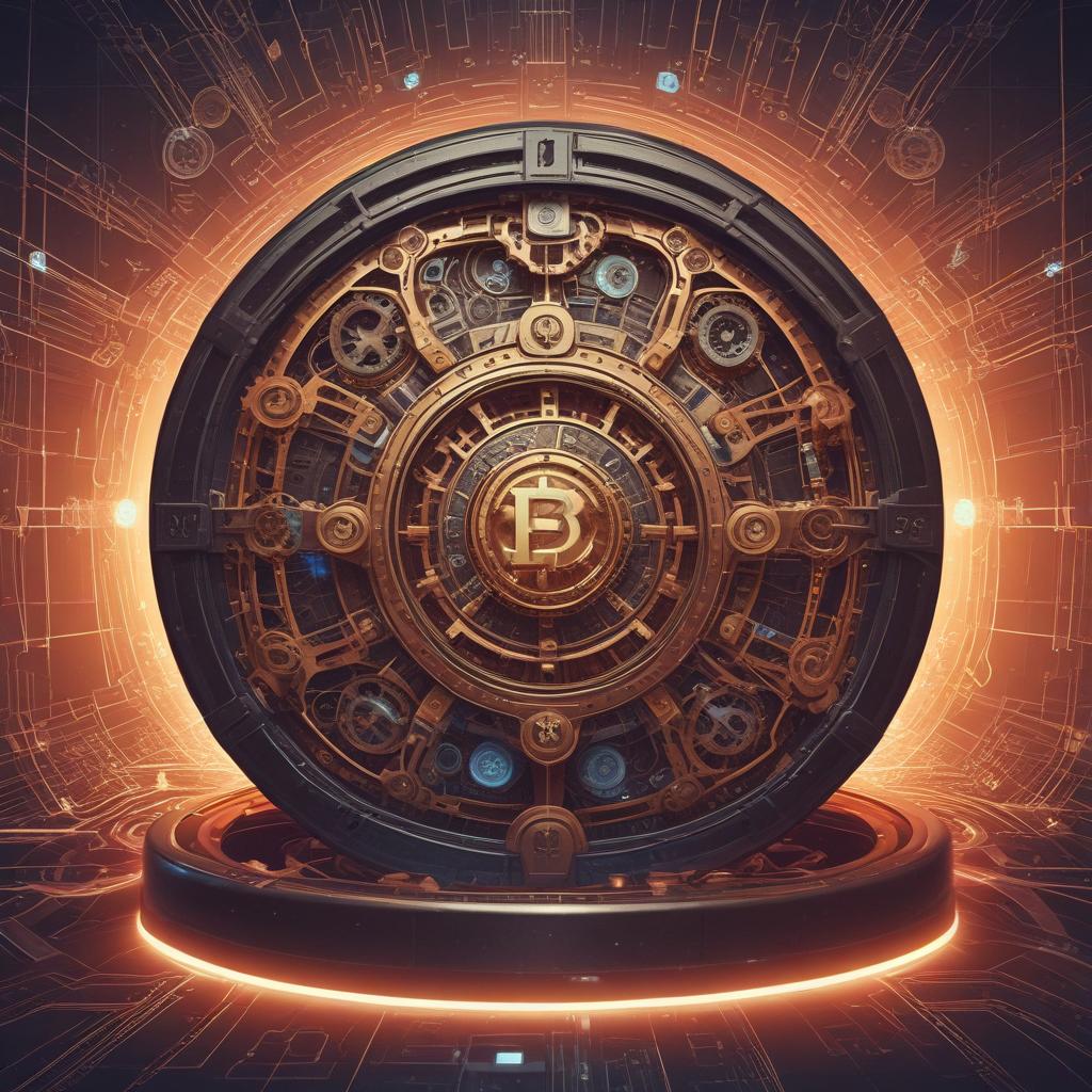 Abstract gears and crypto symbols generating rewards in a secure digital vault.