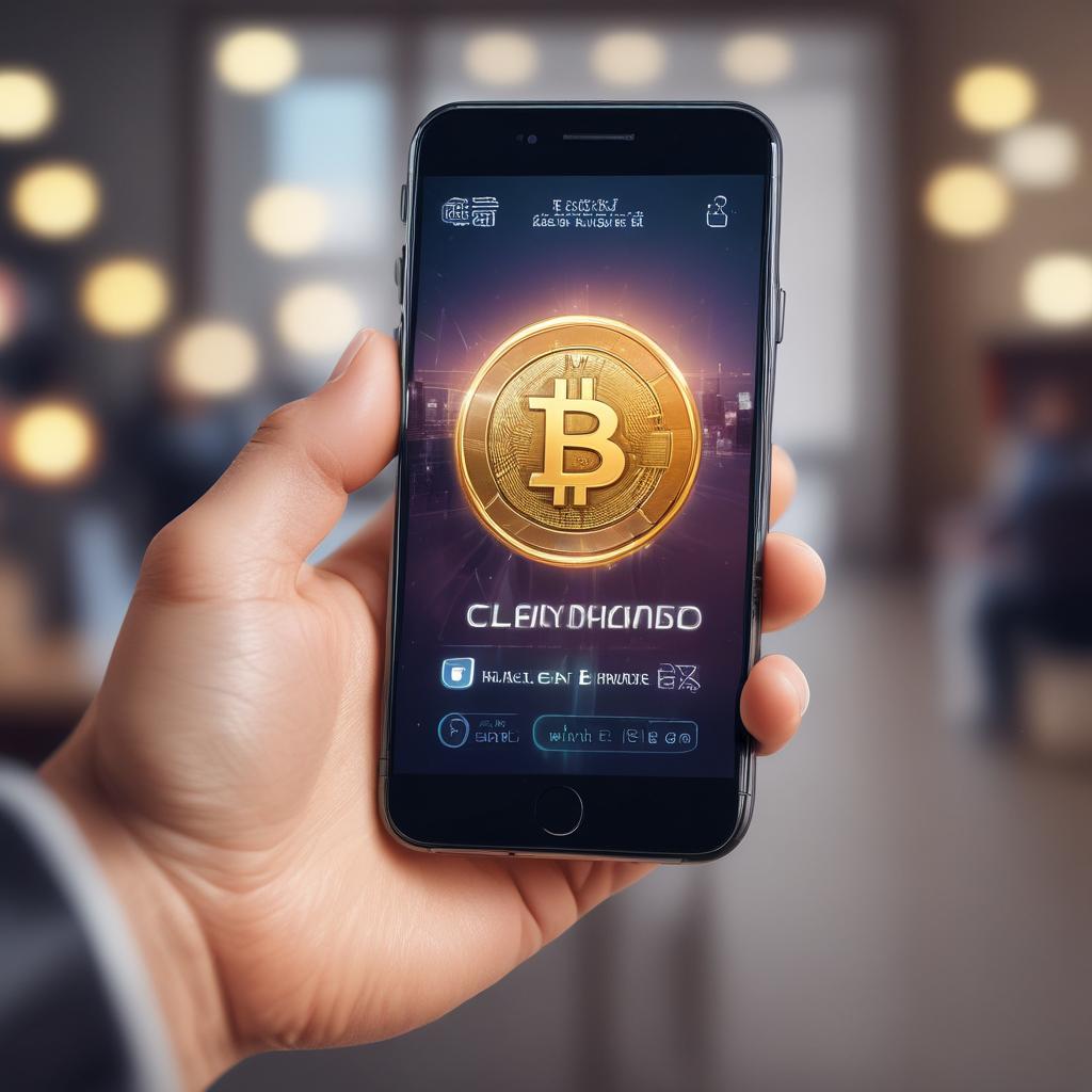 Hand claiming a glowing crypto reward coin from a smartphone screen.