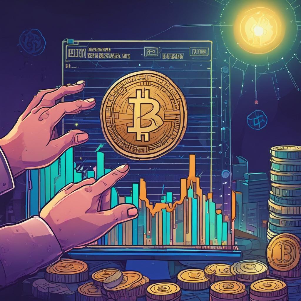 Crypto price chart rising above stacks of money and USDC, with a hand claiming a glowing bonus coin, symbolizing profit.