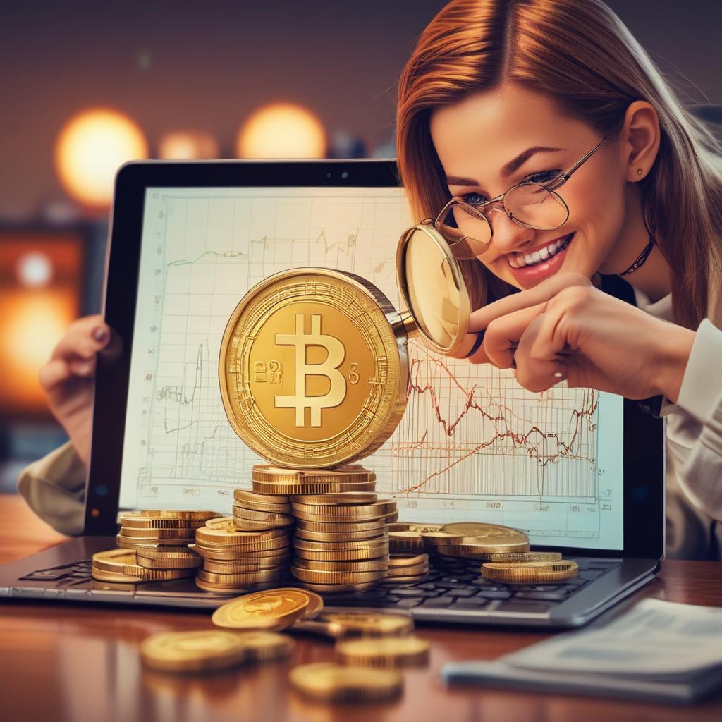 Stack of crypto coins with a magnifying glass showing a discount, symbolizing enhanced earnings and smart investment.