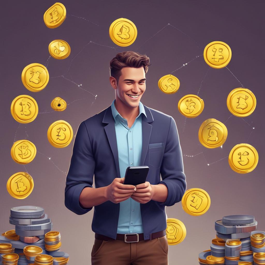 Happy investor viewing Bybit bonus on phone, surrounded by rapidly growing crypto assets and financial success.