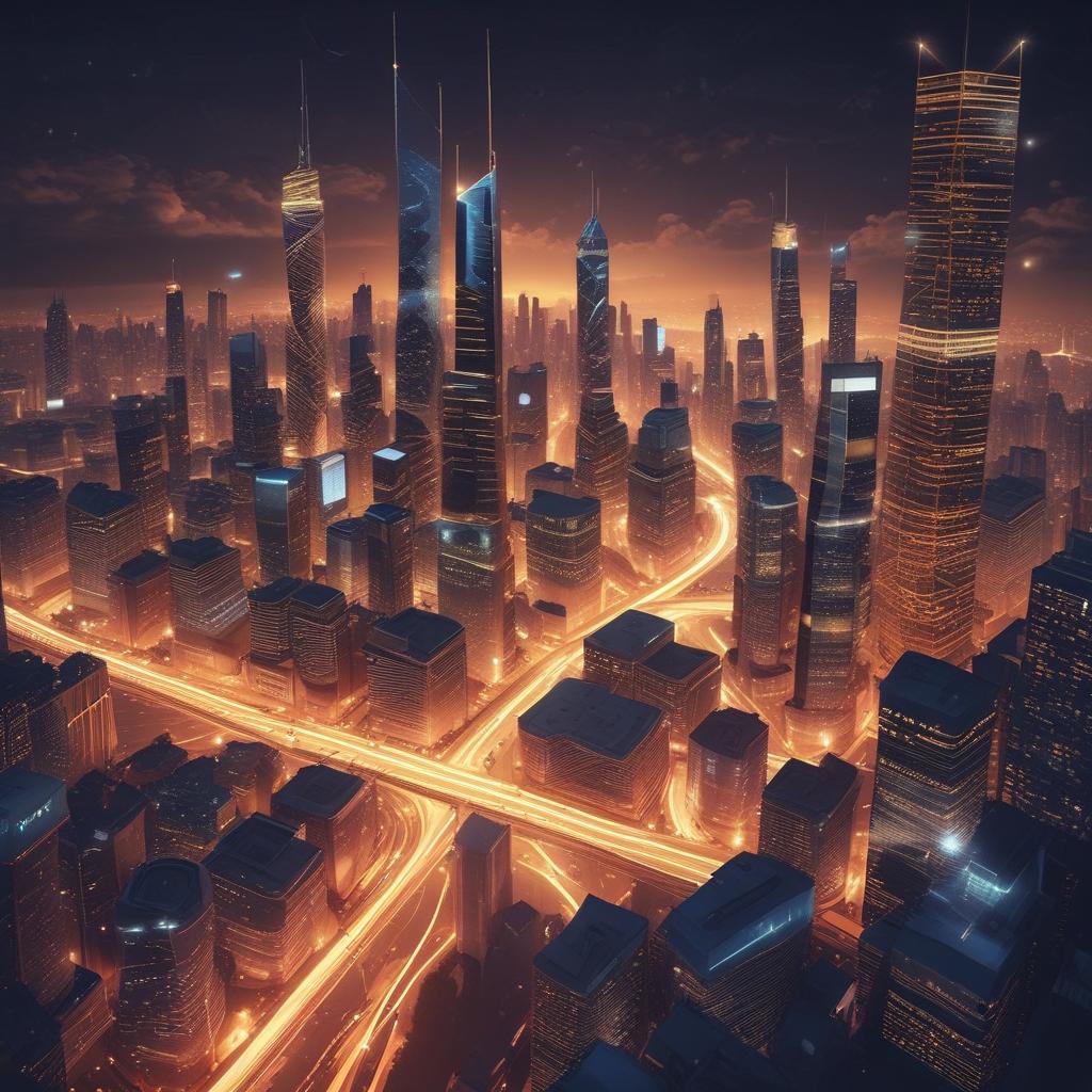 Futuristic cityscape with blockchain elements, symbolizing a high-yield crypto finance ecosystem.