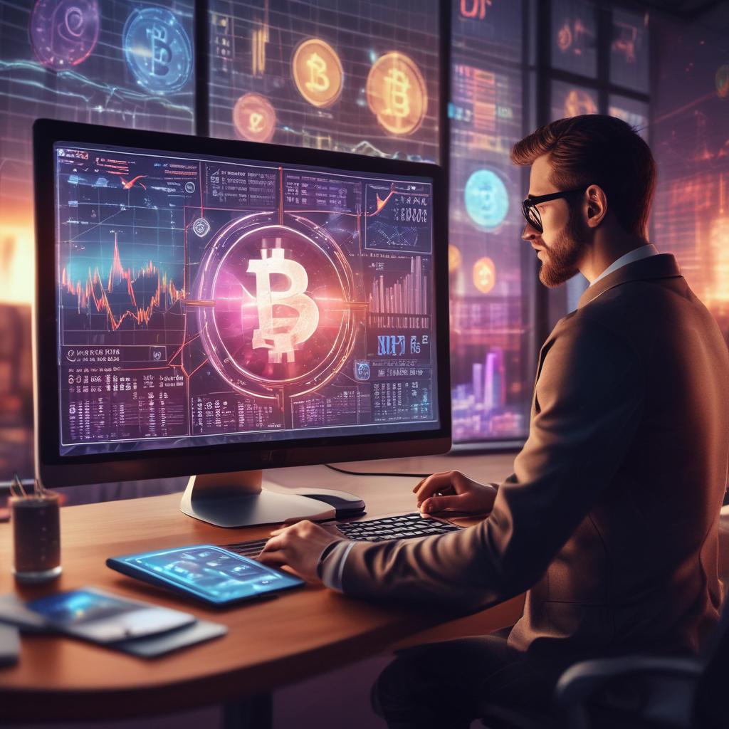 Investor analyzing crypto charts on a high-tech screen, depicting strategic Bitcoin investment.
