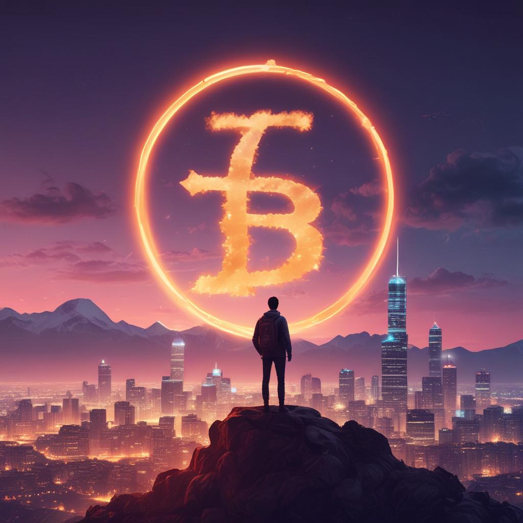 Person achieving financial freedom with Bitcoin, overlooking a futuristic city at dawn.