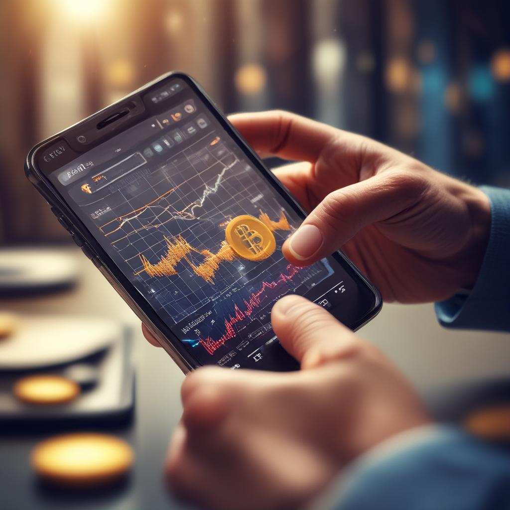 Hands holding a smartphone showing a rising Bitcoin chart, with golden coins and a magnifying glass.